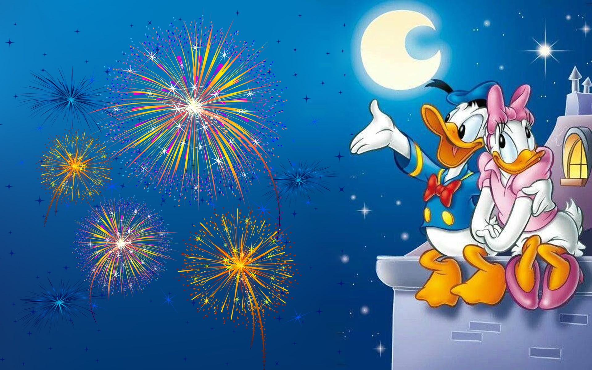 hd, daisy, donald, evening, phones, fireworks, duck, full, moon, laptop, romantic, tablet, 1080P, watching, mobile, HD Wallpaper