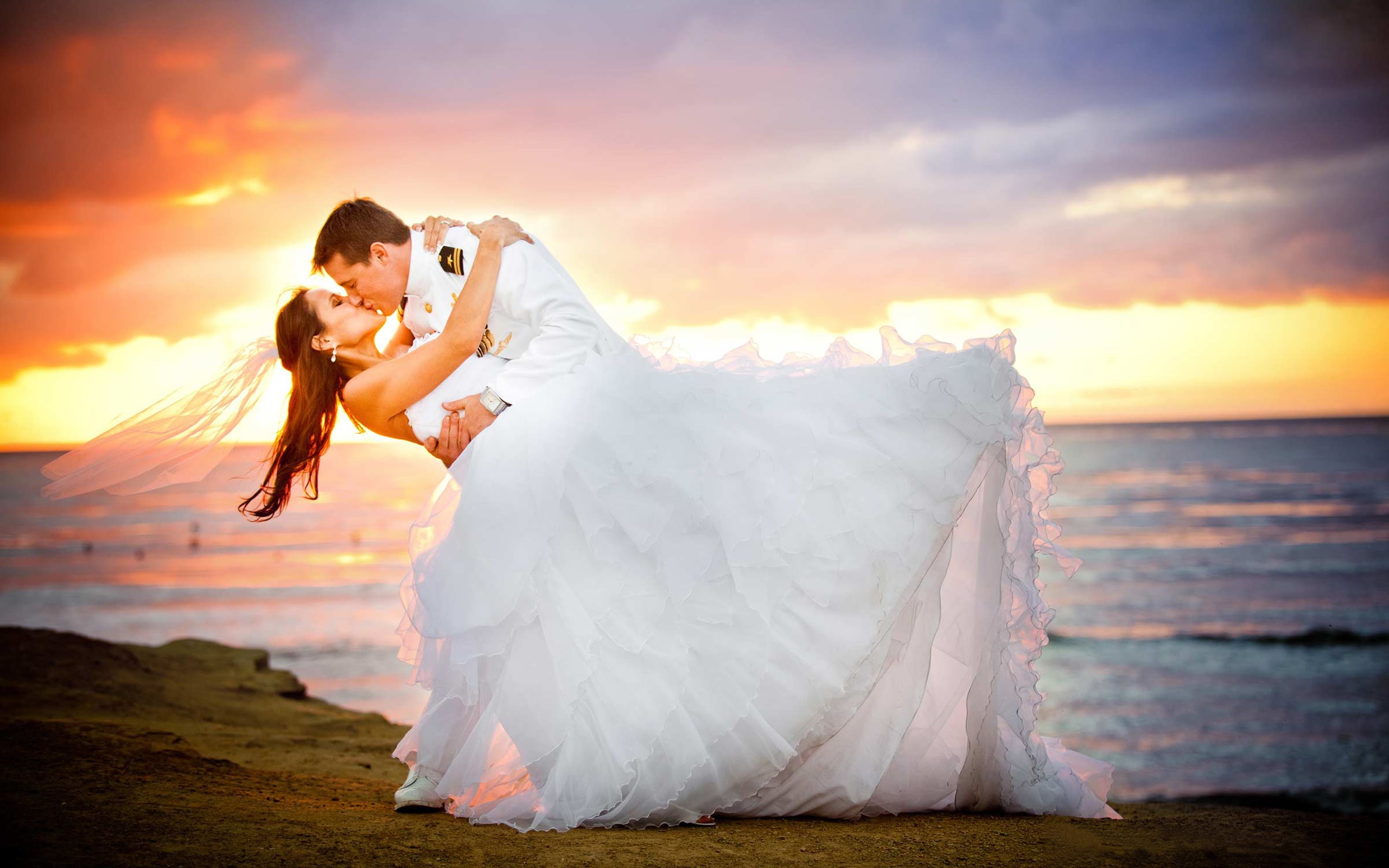 woman, sunset, beach, bridal, wedding, young, couple, hd, loving, married, romantic, dress, 2K, uniform, HD Wallpaper