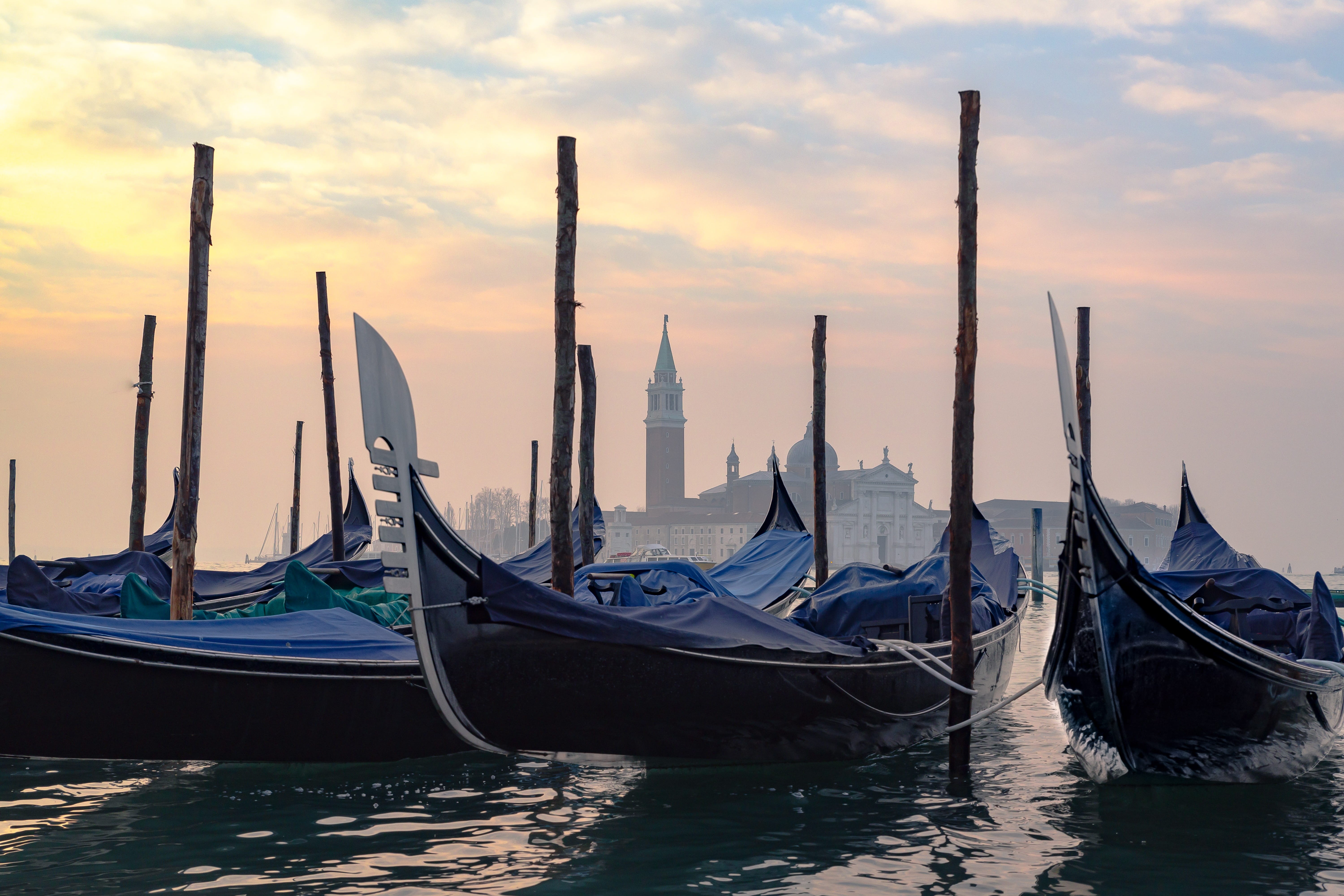 waterfront, travel destinations, gondolas, no people, 5K, architecture, sky, outdoors, sunrise, wooden post, water, venice, sunset, post, HD Wallpaper