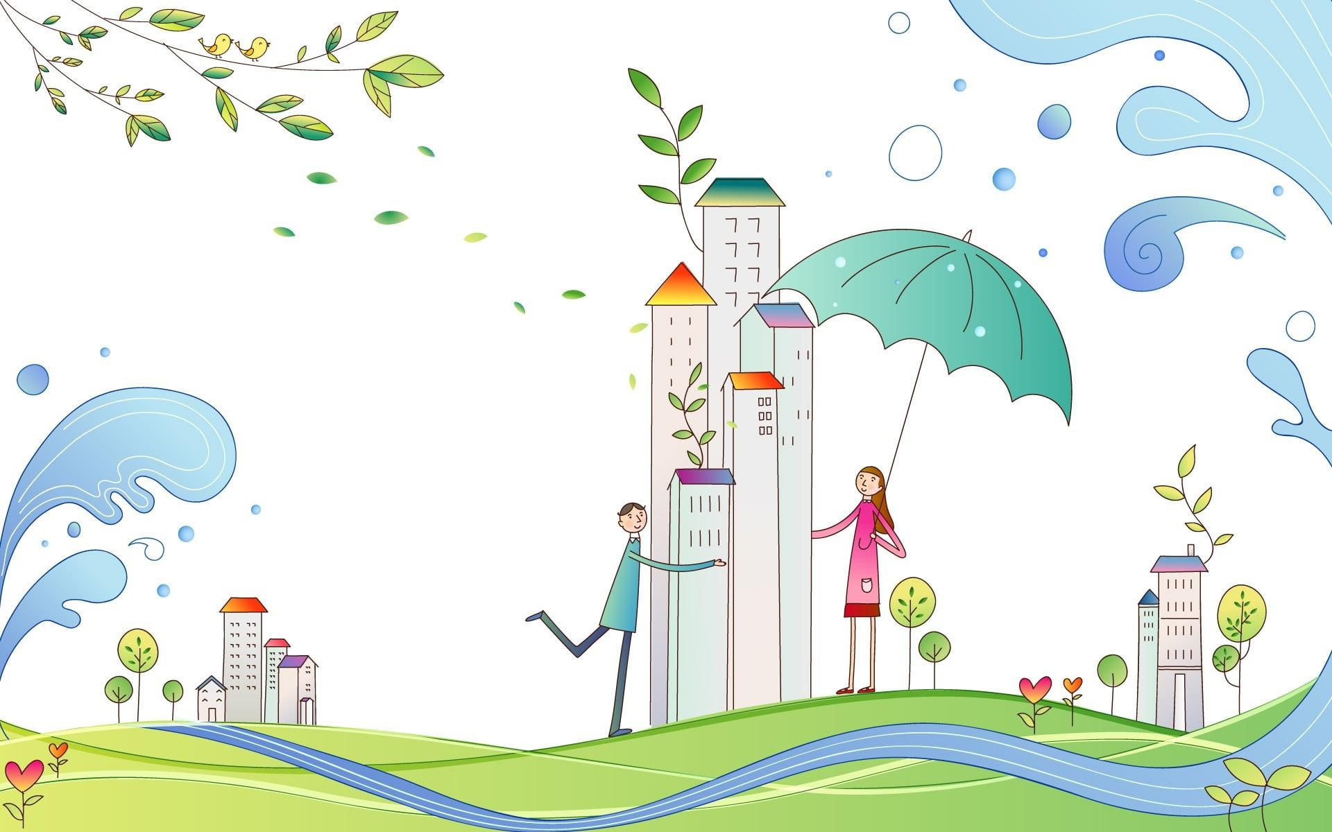 rain, 1080P, woman, man, couple, umbrella, 1920x1200, animation, city, vector, HD Wallpaper