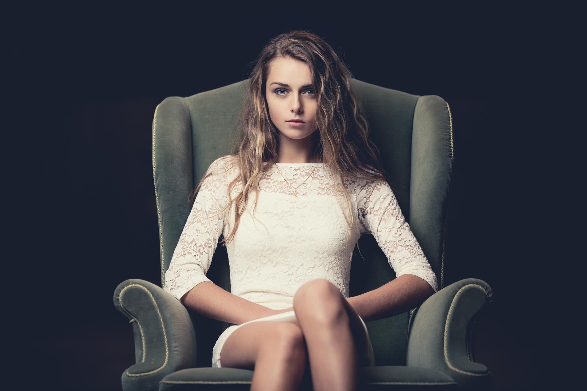 looking at camera, beauty, illusion, dress, white, casual clothing, contemplation, black background, 1080P, woman, chair, floral, neckline, gray, leisure activity, HD Wallpaper