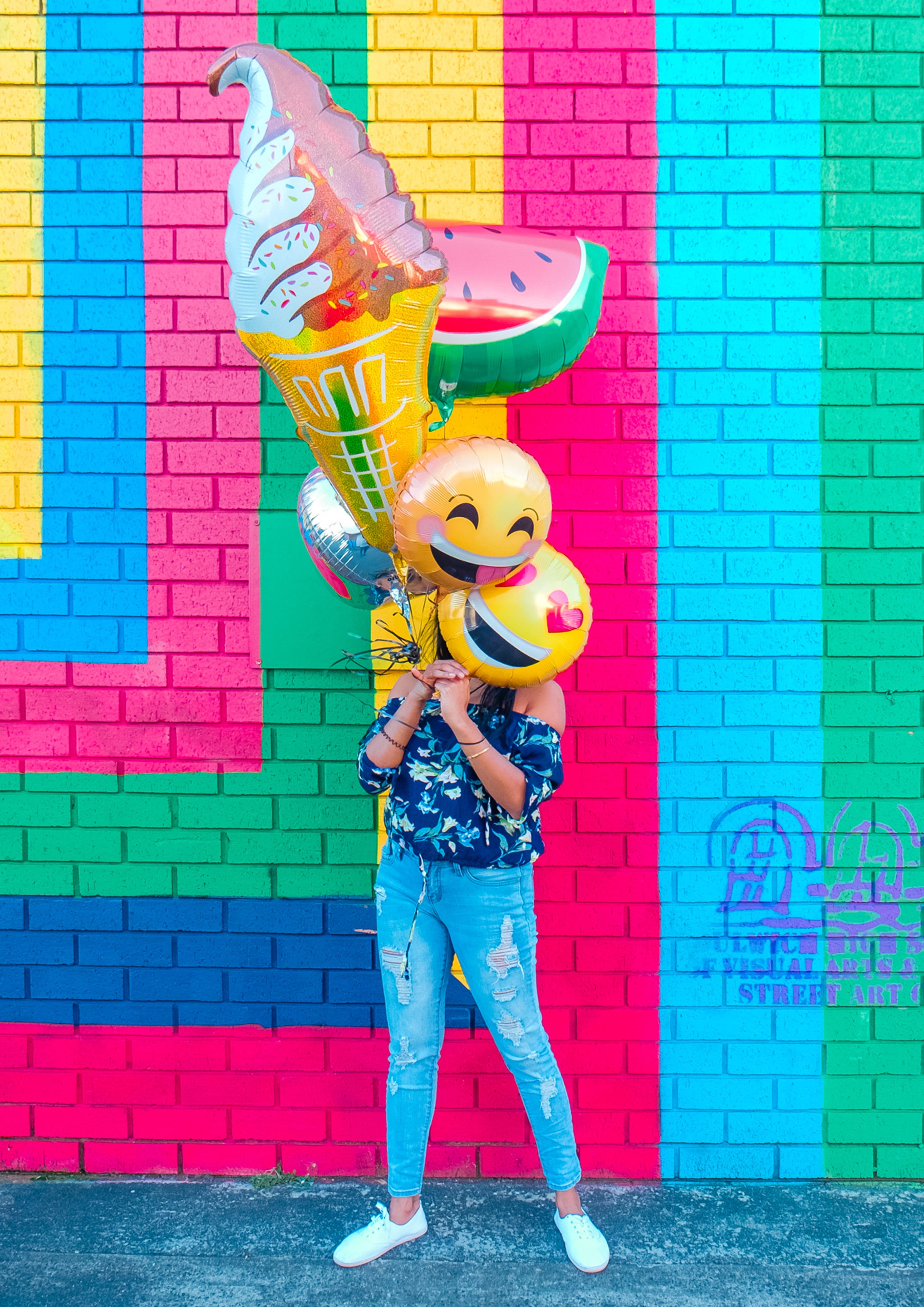 wall, multi colored, party, celebration, representation, colours, woman, ballons, happy, pink, standing, icecream, balloon, party time, emotion, mural, Phone HD Wallpaper