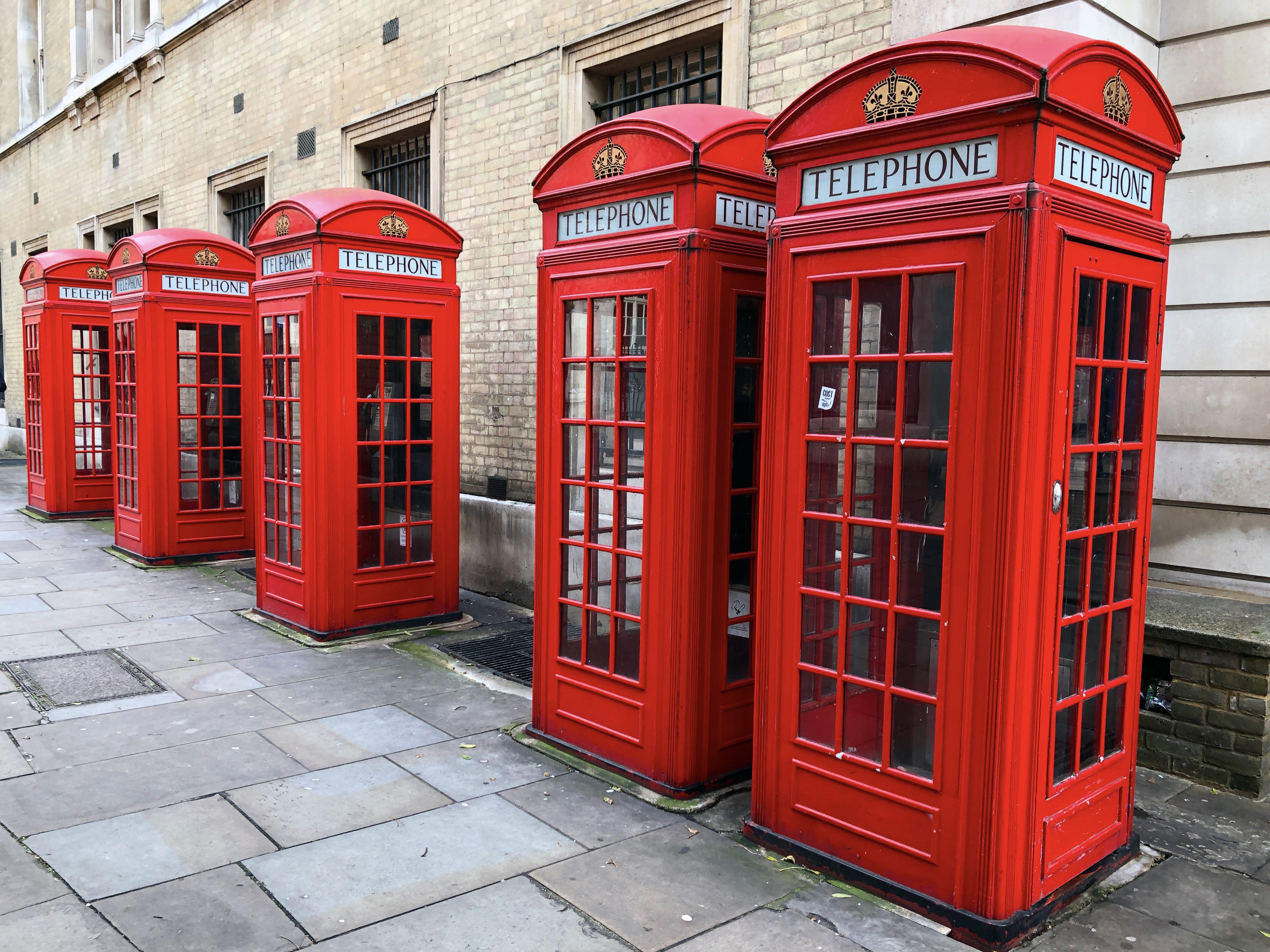 pavement, no people, telephone booth, outdoors, text, city, lined, sidewalk, pay phone, convenience, communication, red, architecture, day, technology, HD Wallpaper