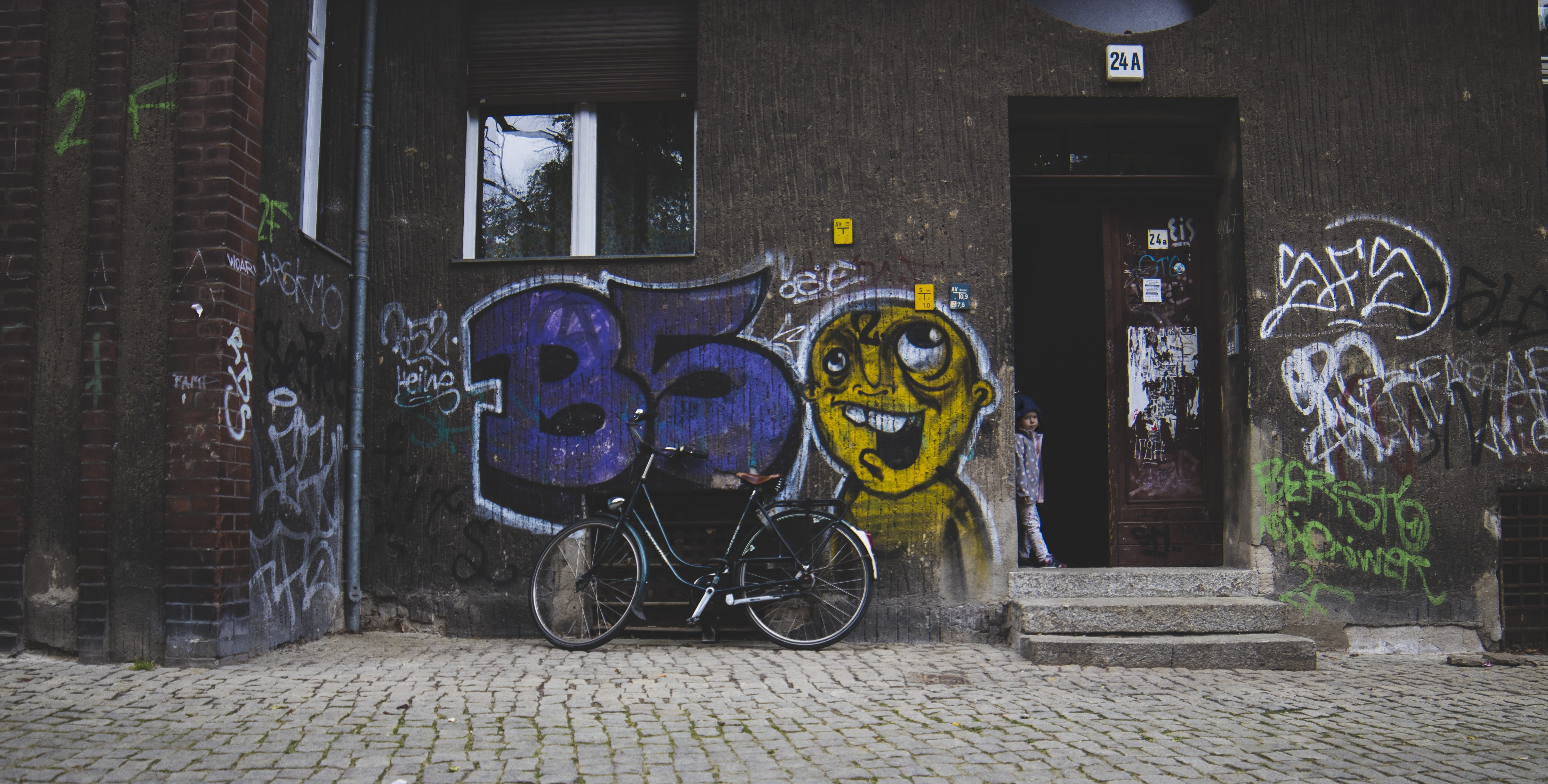 graffiti, urban, city, near, building exterior, built structure, no people, wall, cycling, facade, wall - building feature, street art, black, urban Scene, HD Wallpaper