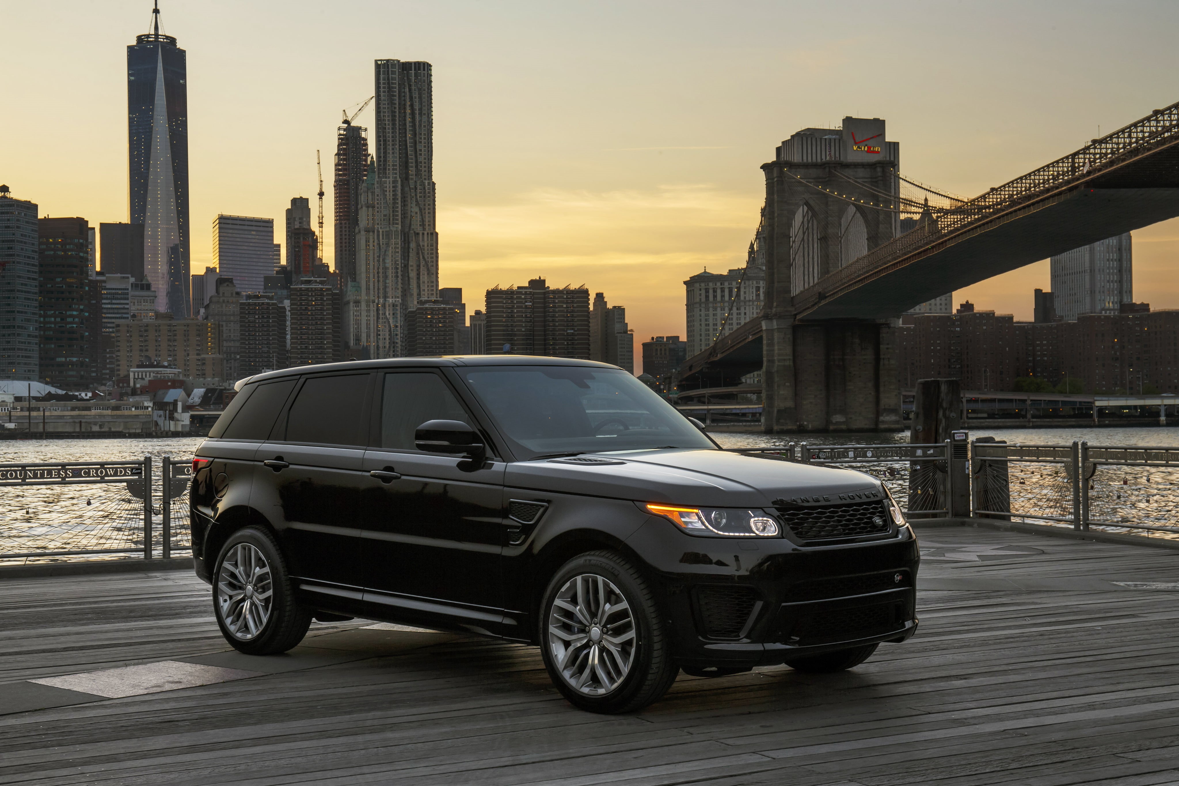 architecture, motor vehicle, traffic, mode of Transport, modern, famous Place, uSA, downtown District, urban Skyline, luxury, sunset, black, Range Rover, HD Wallpaper