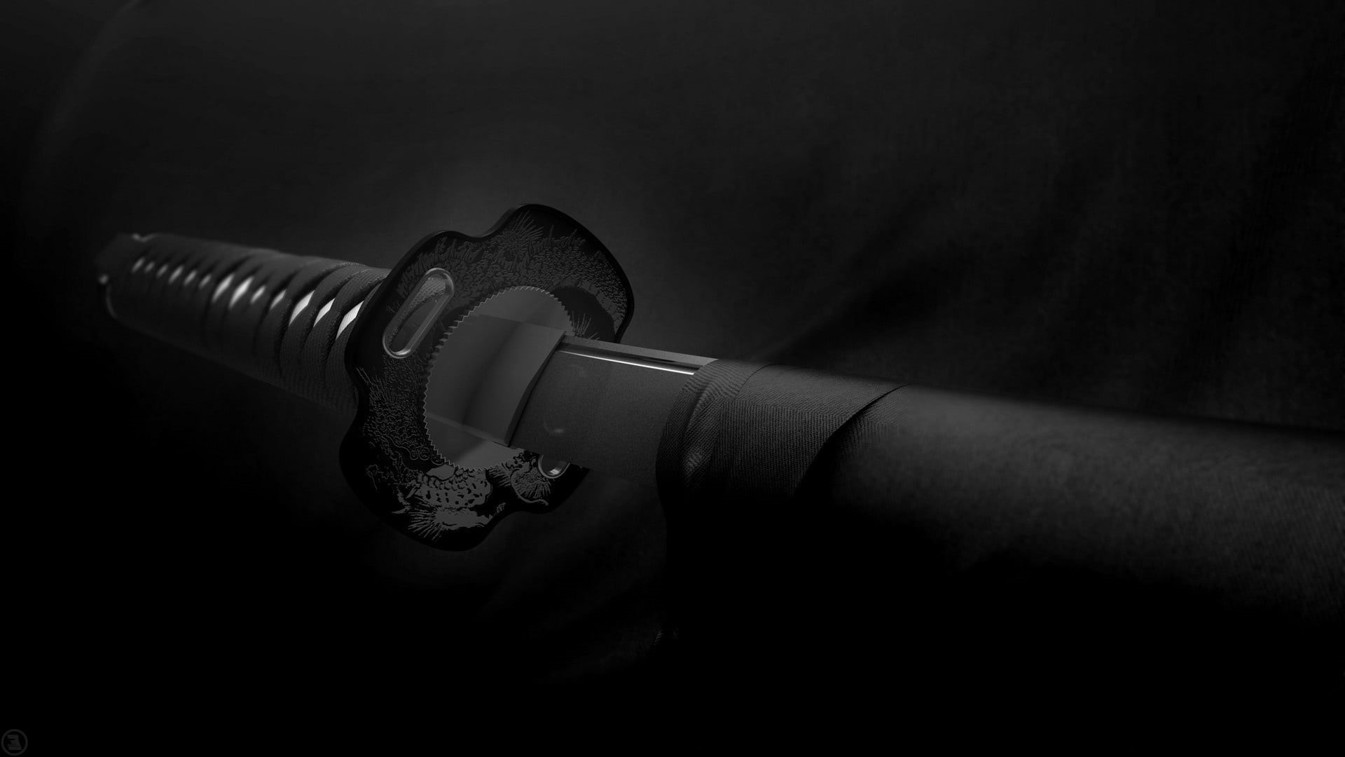 1080P, Katana, weapon, bandw, sword, monochrome, samurai, black and white, HD Wallpaper