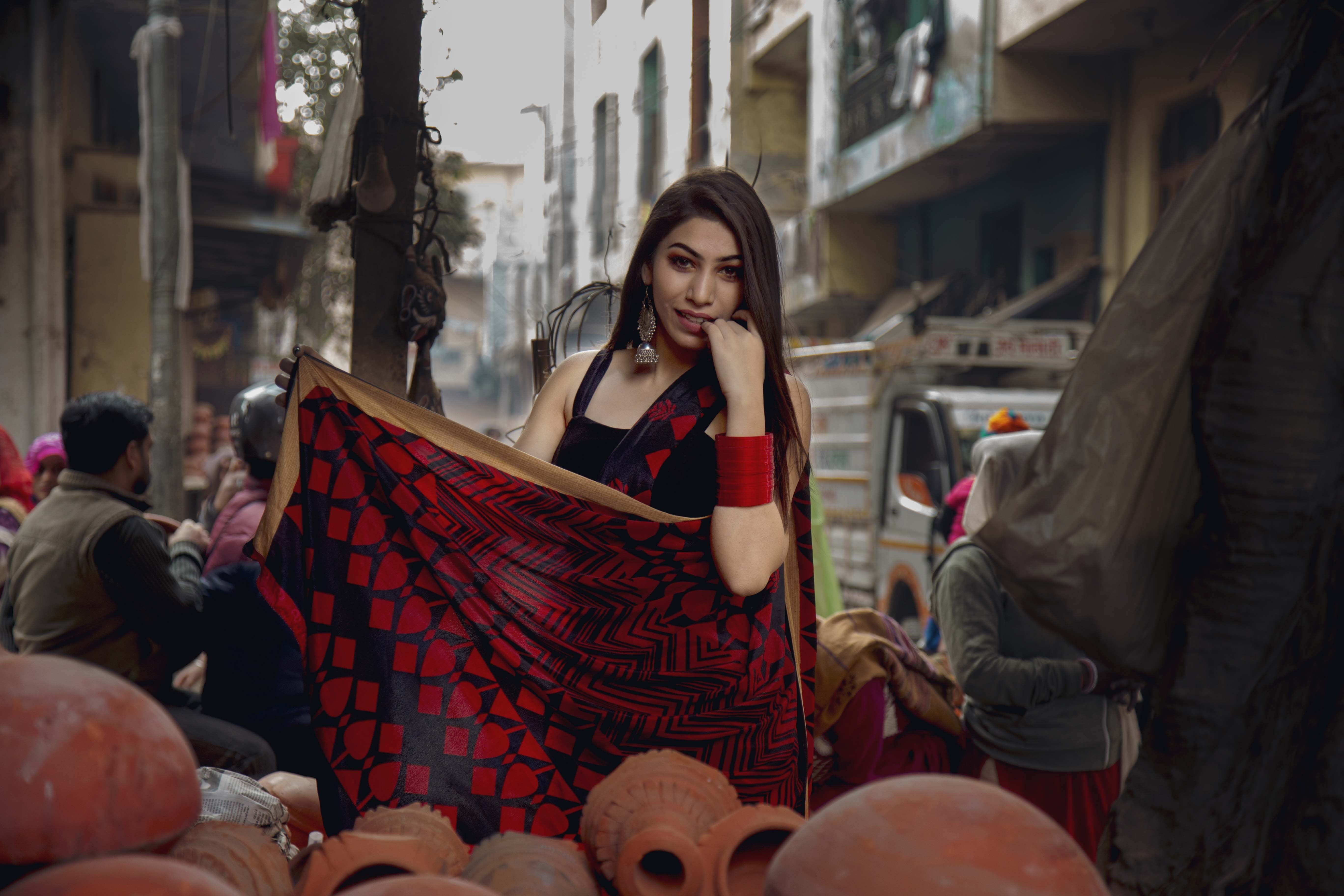 person, robe, clothing, fashion, woman, leisure activity, saree, hat, portrait, architecture, built structure, knitting, holding, black, lifestyles, blanket, HD Wallpaper