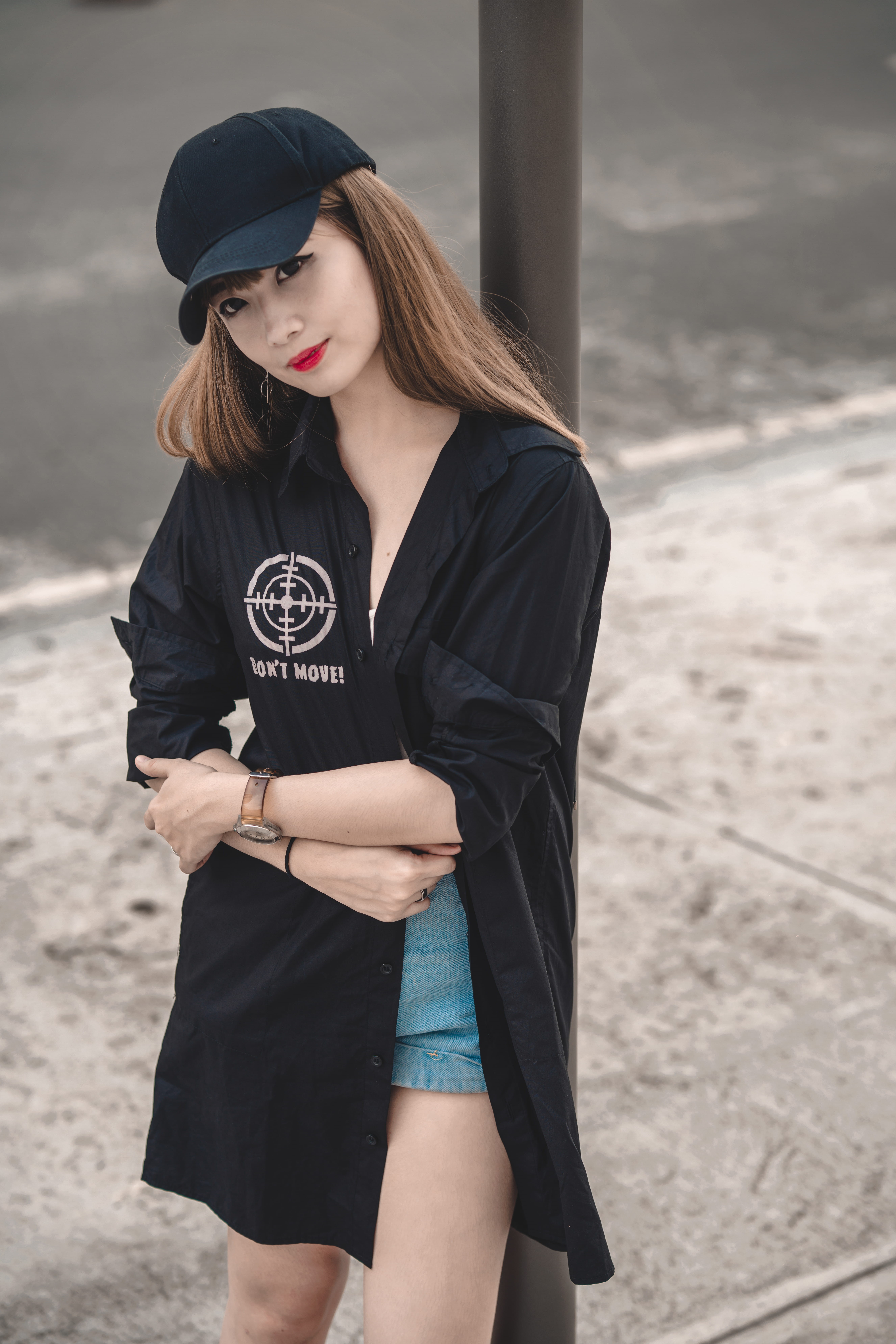 black color, face, hair, bangs, robe, female, three quarter length, gown, contemplation, girl, wearing, clothing, land, shorts, front view, photography, Phone HD Wallpaper