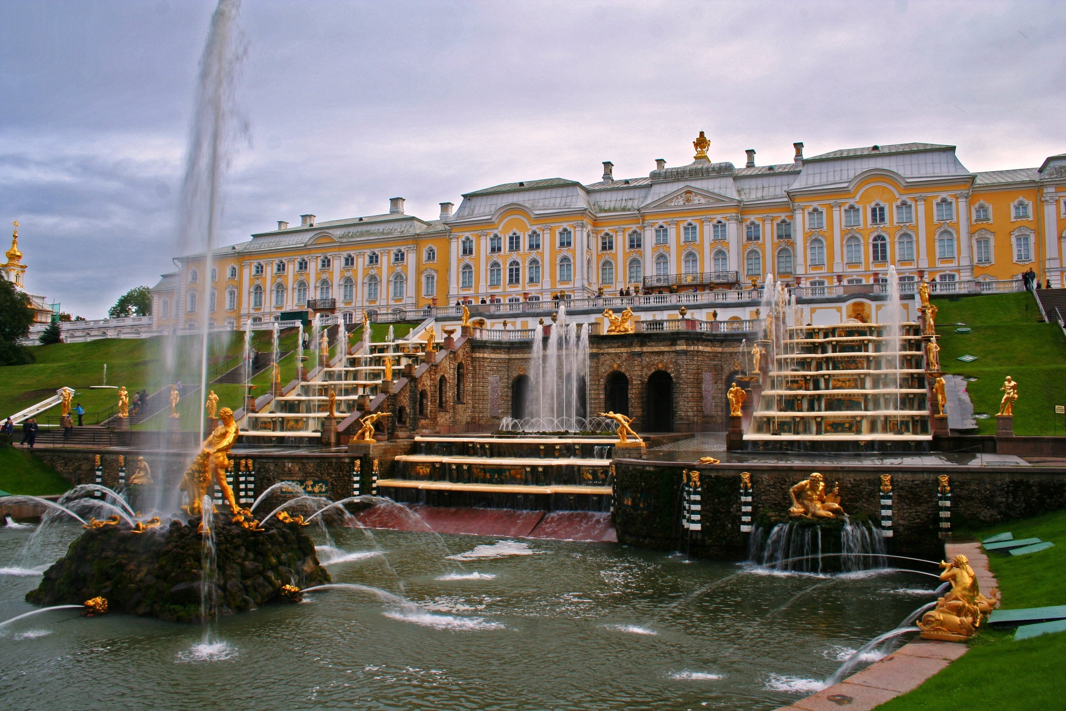 saint-petersburg, russia, peterhof, fountains, 2K, buildings, HD Wallpaper