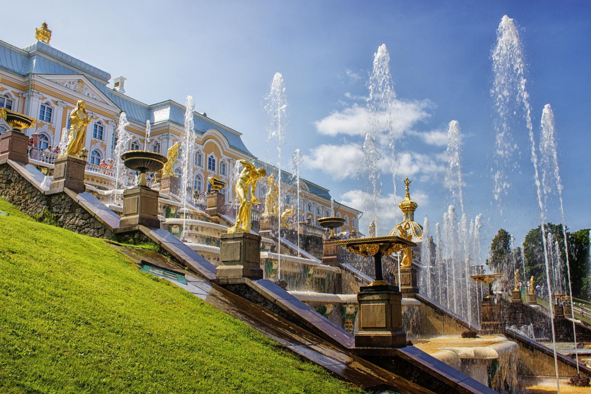 Saint-Petersburg, landscape, fountains, Peterhof, summer, 1080P, architecture, Russia, palace, cascade, HD Wallpaper