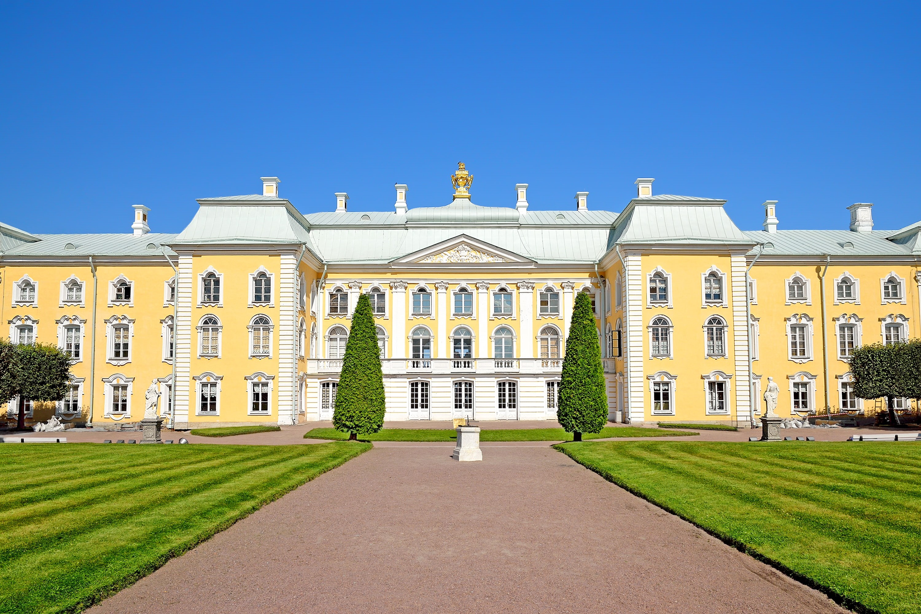 yellow, track, white, Palace, Russia, 2K, Saint Petersburg, lawn, sculpture, mansion, Peterhof, HD Wallpaper