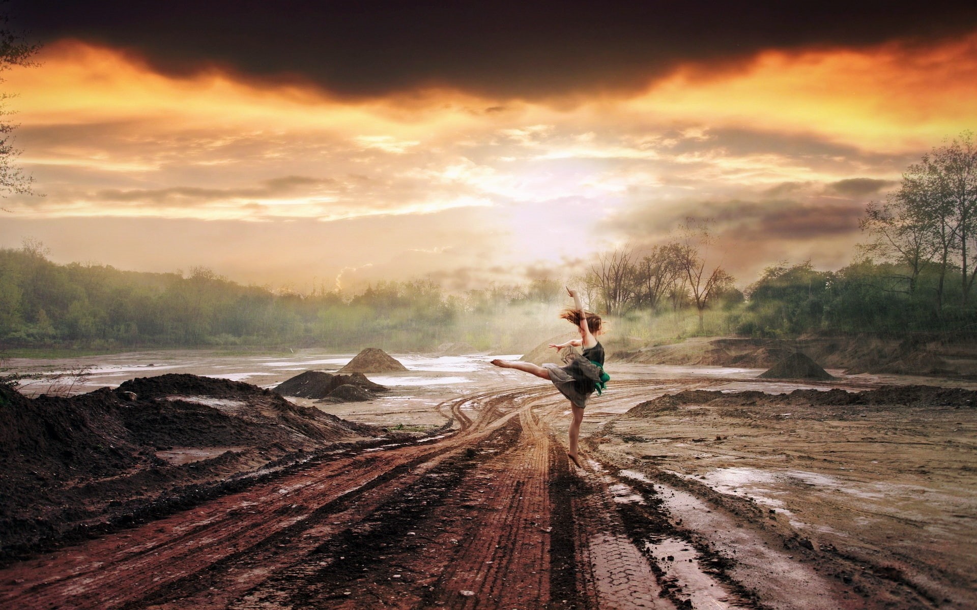 Road, Rain, Art, Girl, Dance, 1080P, Creative, HD Wallpaper