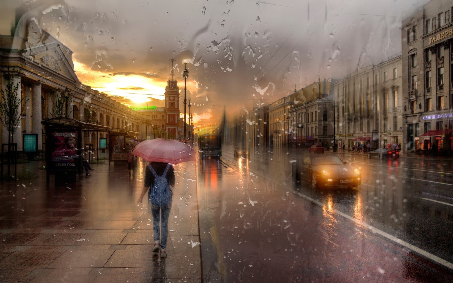 Prospect, Nevsky, umbrella, s, women, Design, Creative, st, Night, 1080P, Petersburg, pink, Girl, Rain, Lights, HD Wallpaper