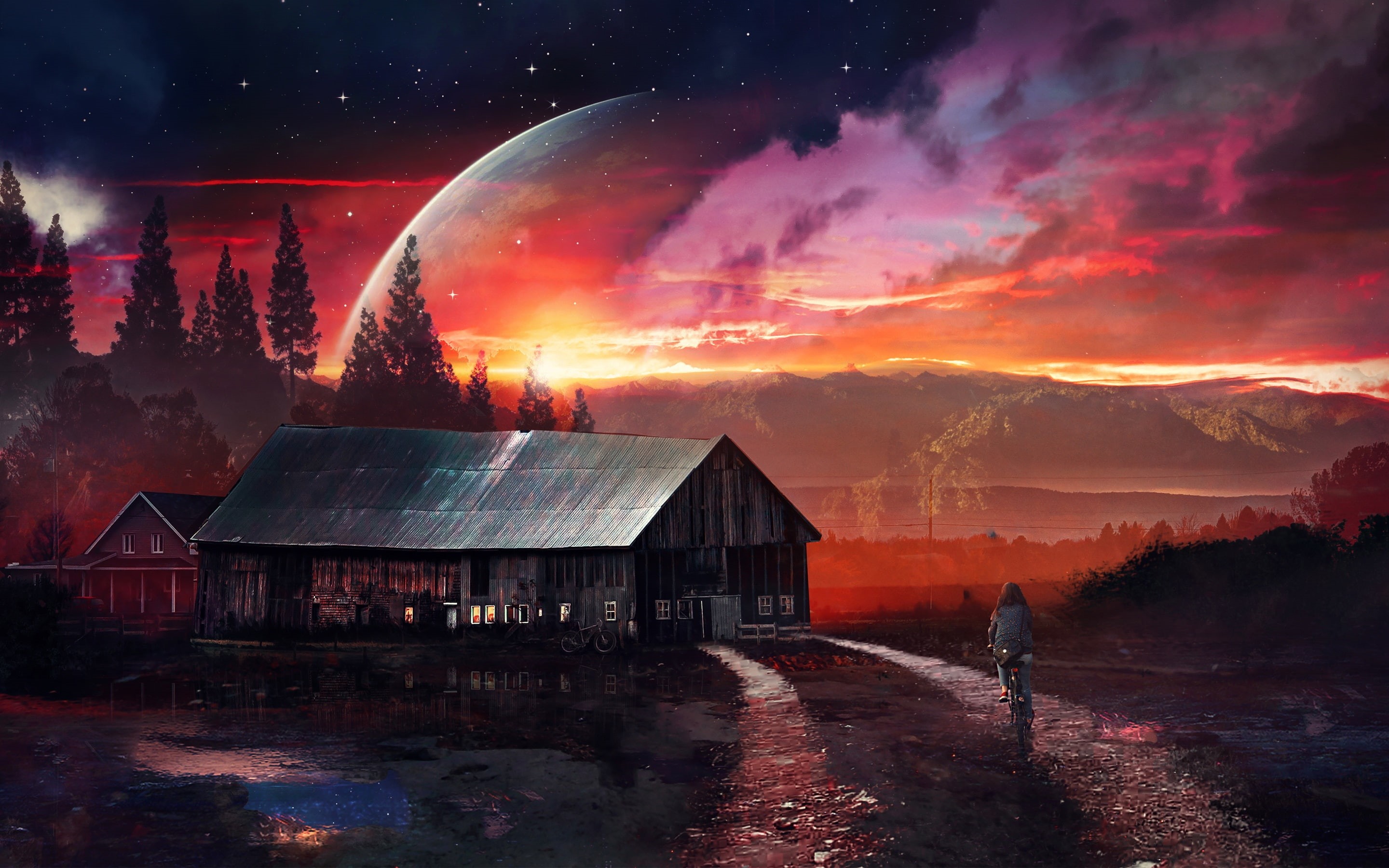 Girl, Planet, House, Sunset, 2K, Pictures, Road, Art, Bike, Creative, HD Wallpaper