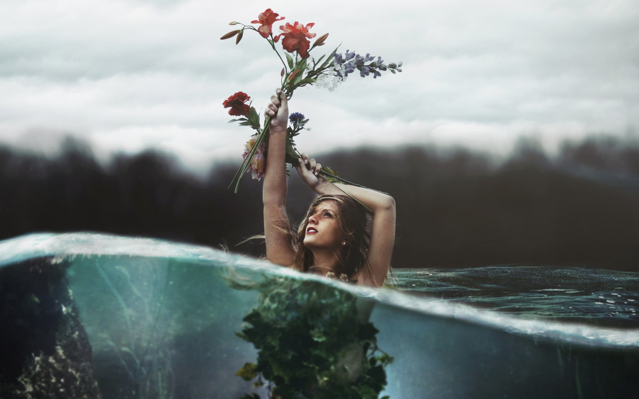 Water, Pictures, 2K, Girl, Flowers, Creative, Hold, HD Wallpaper