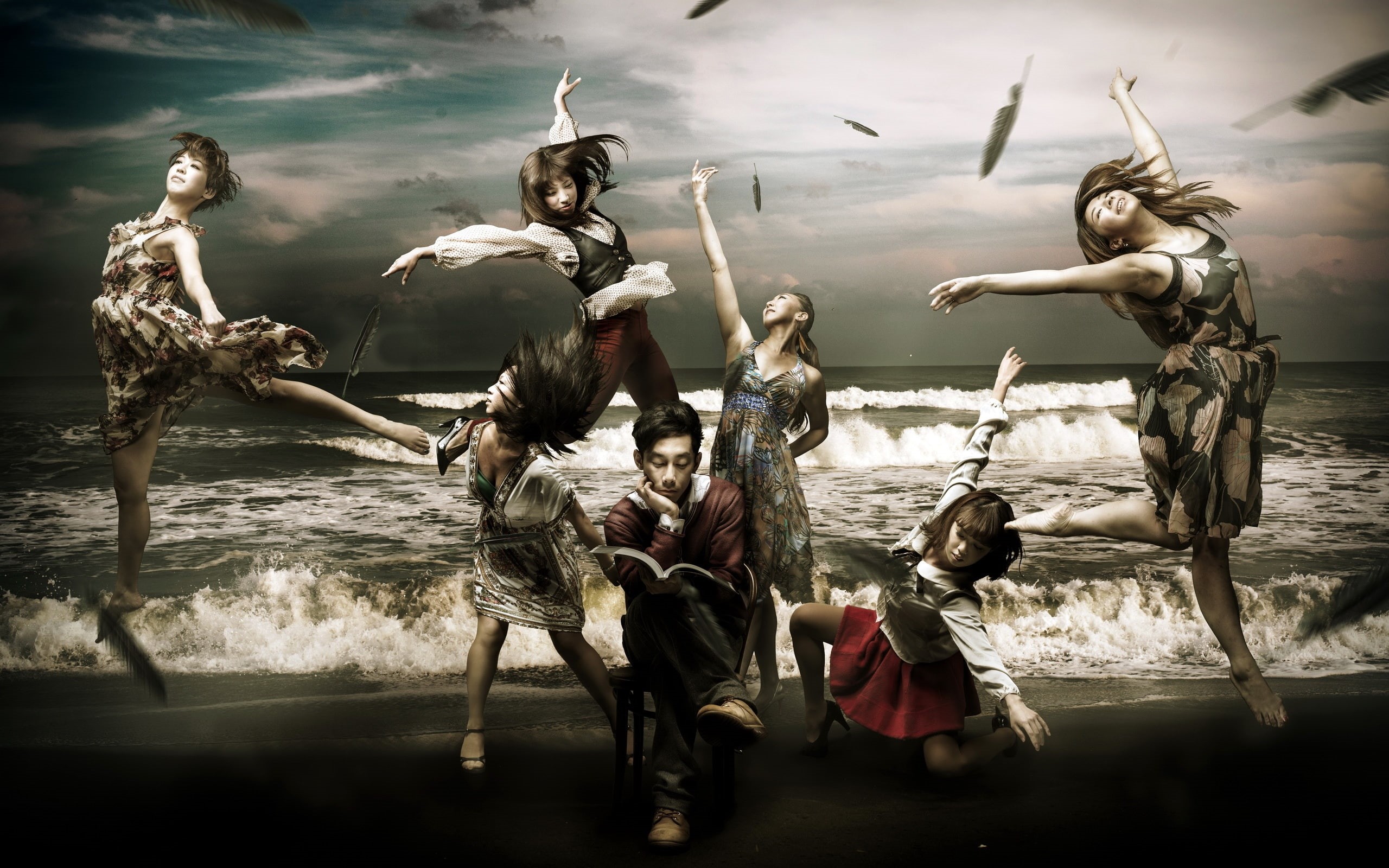 Girls, 2K, Creative, Beautiful, Dance, painting, people, near, Pictures, seashore, s, group, Book, Sea, HD Wallpaper