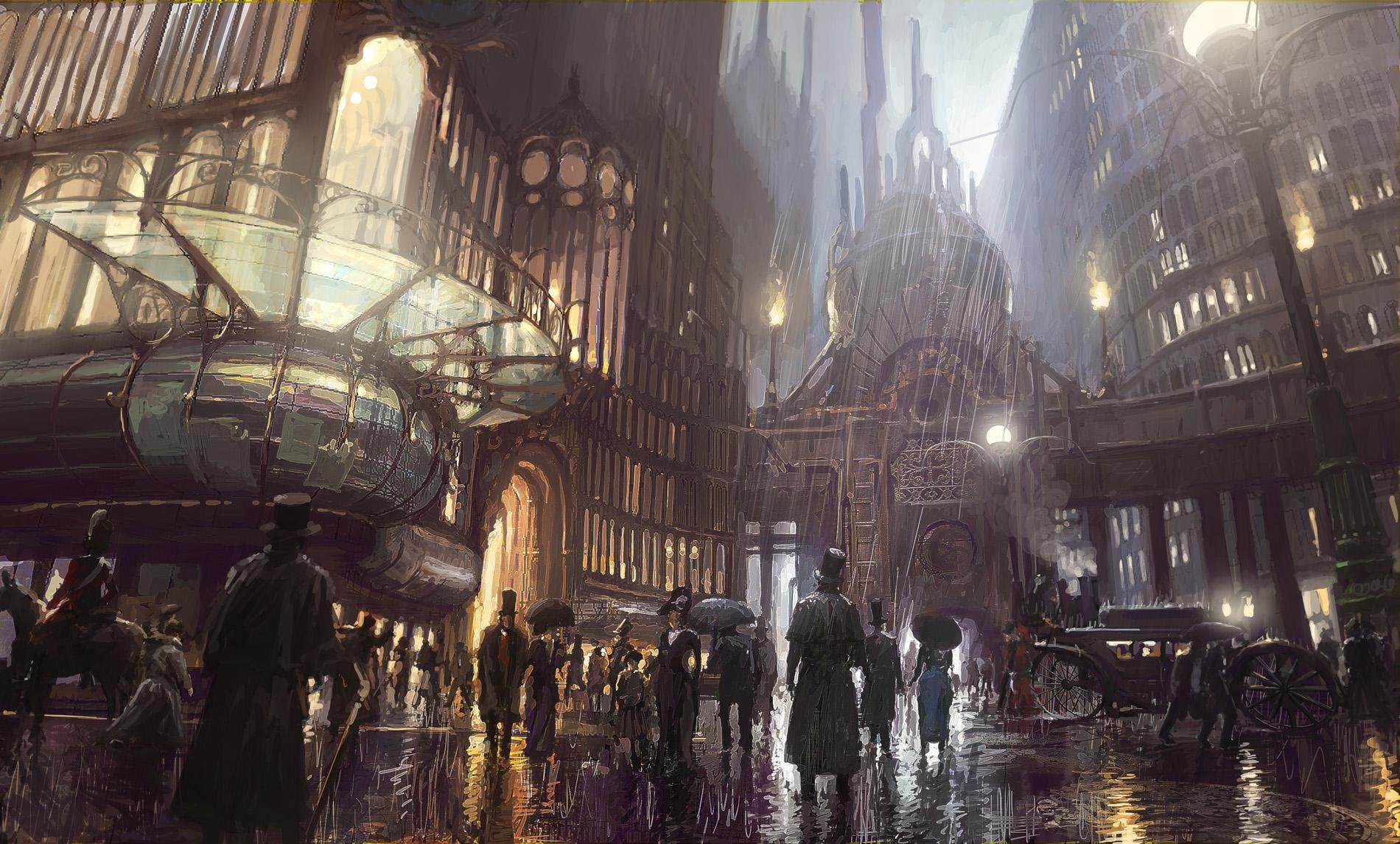 crowds, storm, hd, people, rain, steampunk, drops, concrete, pictures, 720P, illustration, building, roads, sci-fi, mechanical, cities, HD Wallpaper