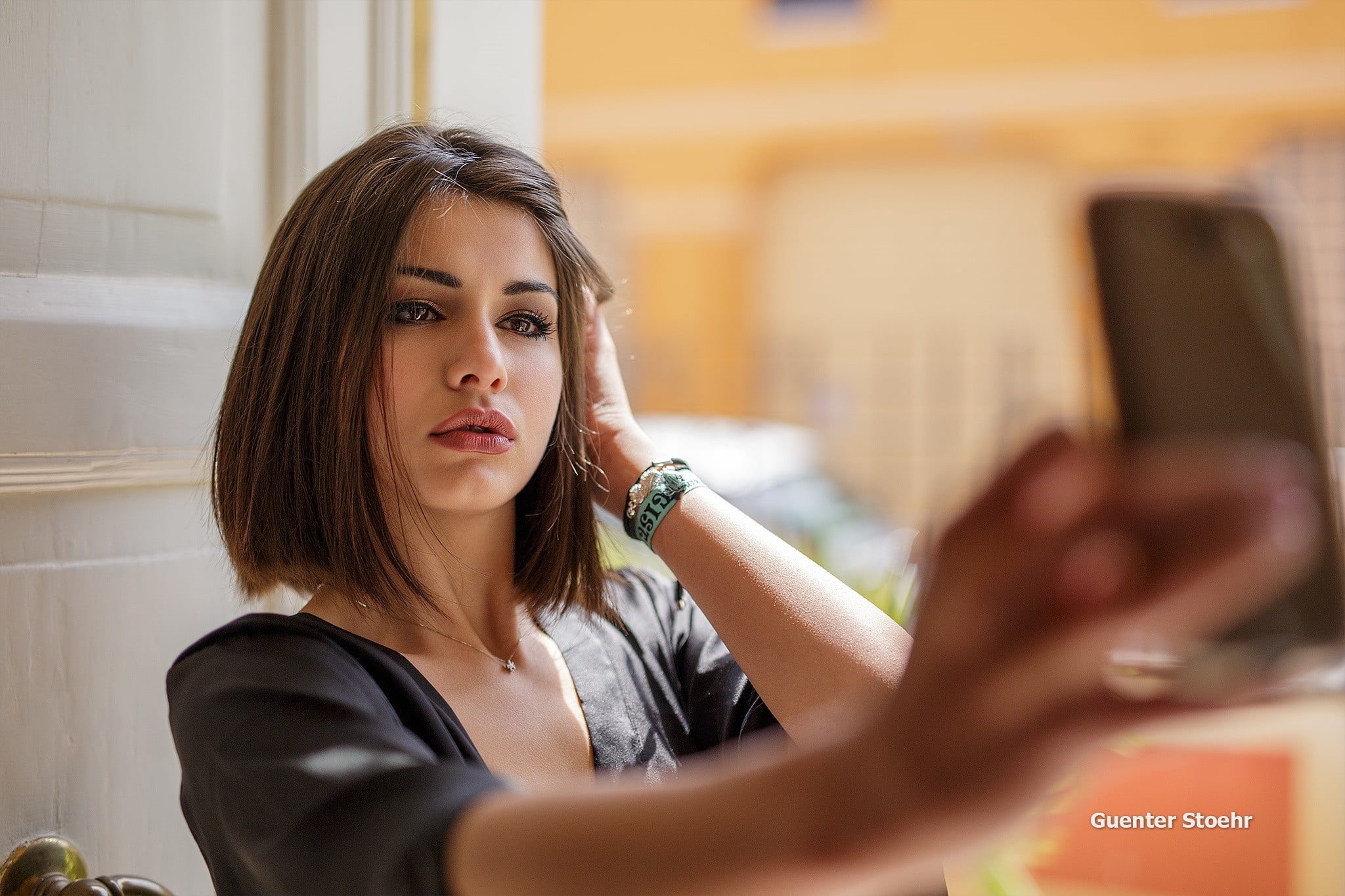 real people, hairstyle, telephone, woman, beautiful woman, juicy lips, young women, portrait, taking, young adult, hands on head, wireless technology, 1080P, HD Wallpaper