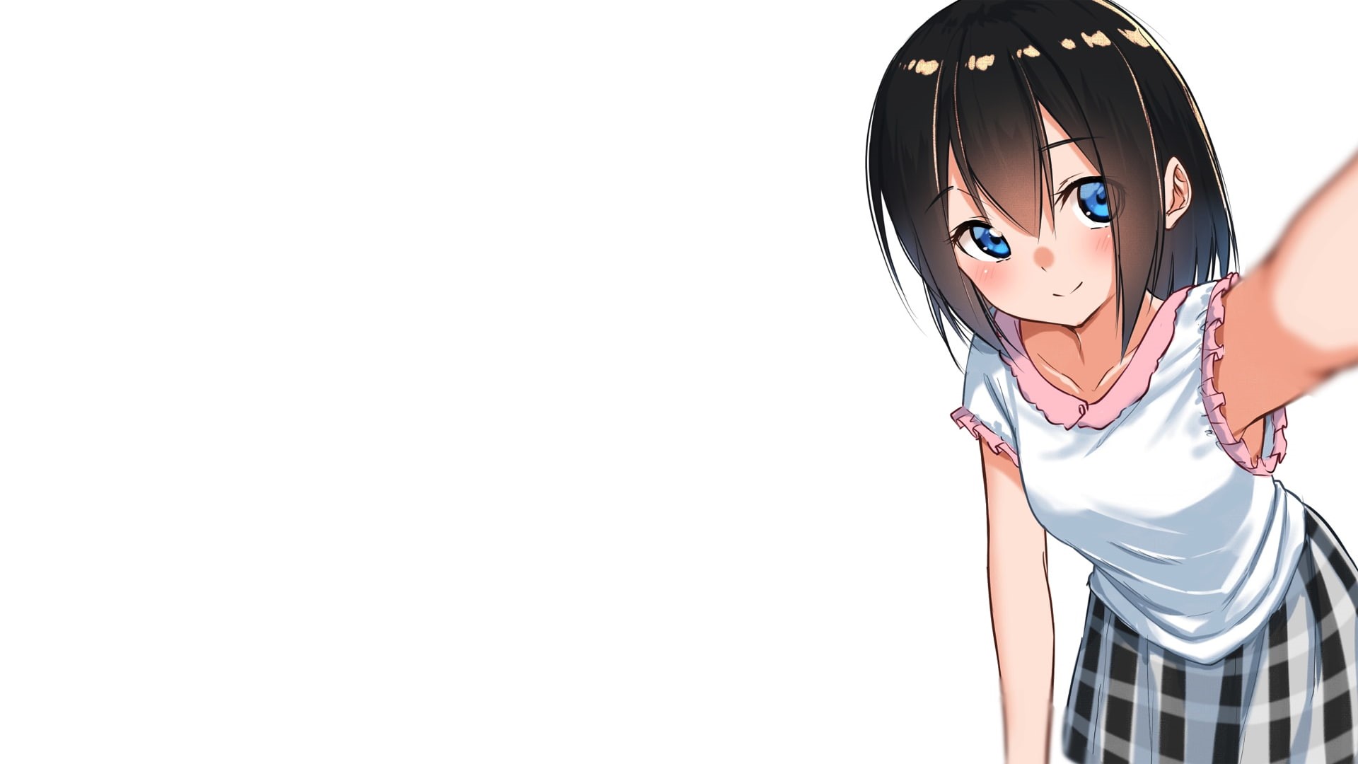 1080P, anime girls, selfies, anime, minimalism, simple background, brunette, manga, blue eyes, schoolgirl, HD Wallpaper