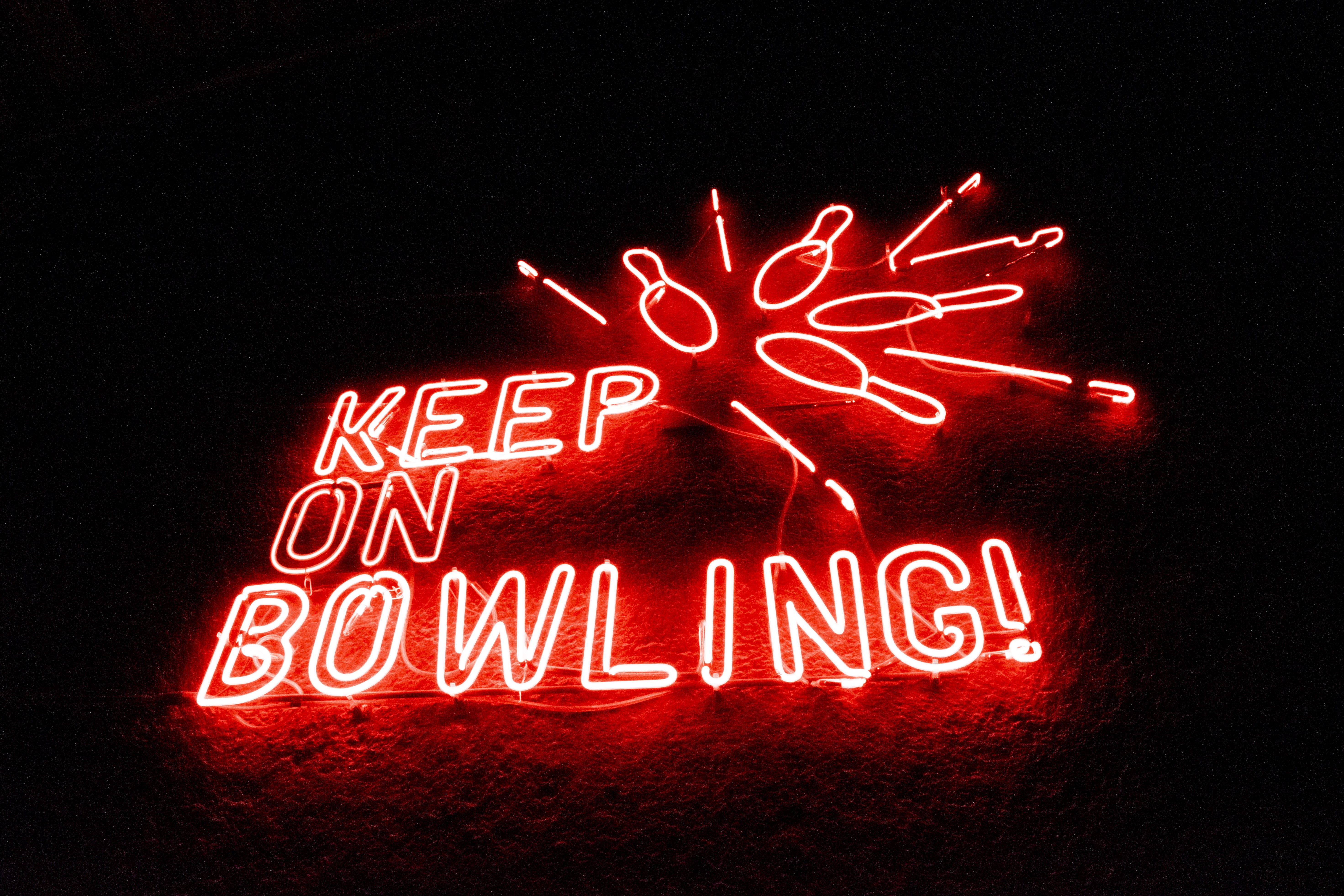 signage, text, black background, no people, bowl, evening, illuminated, sign, light, close-up, dark, city, urban, street, lettering, bowling, studio shot, HD Wallpaper