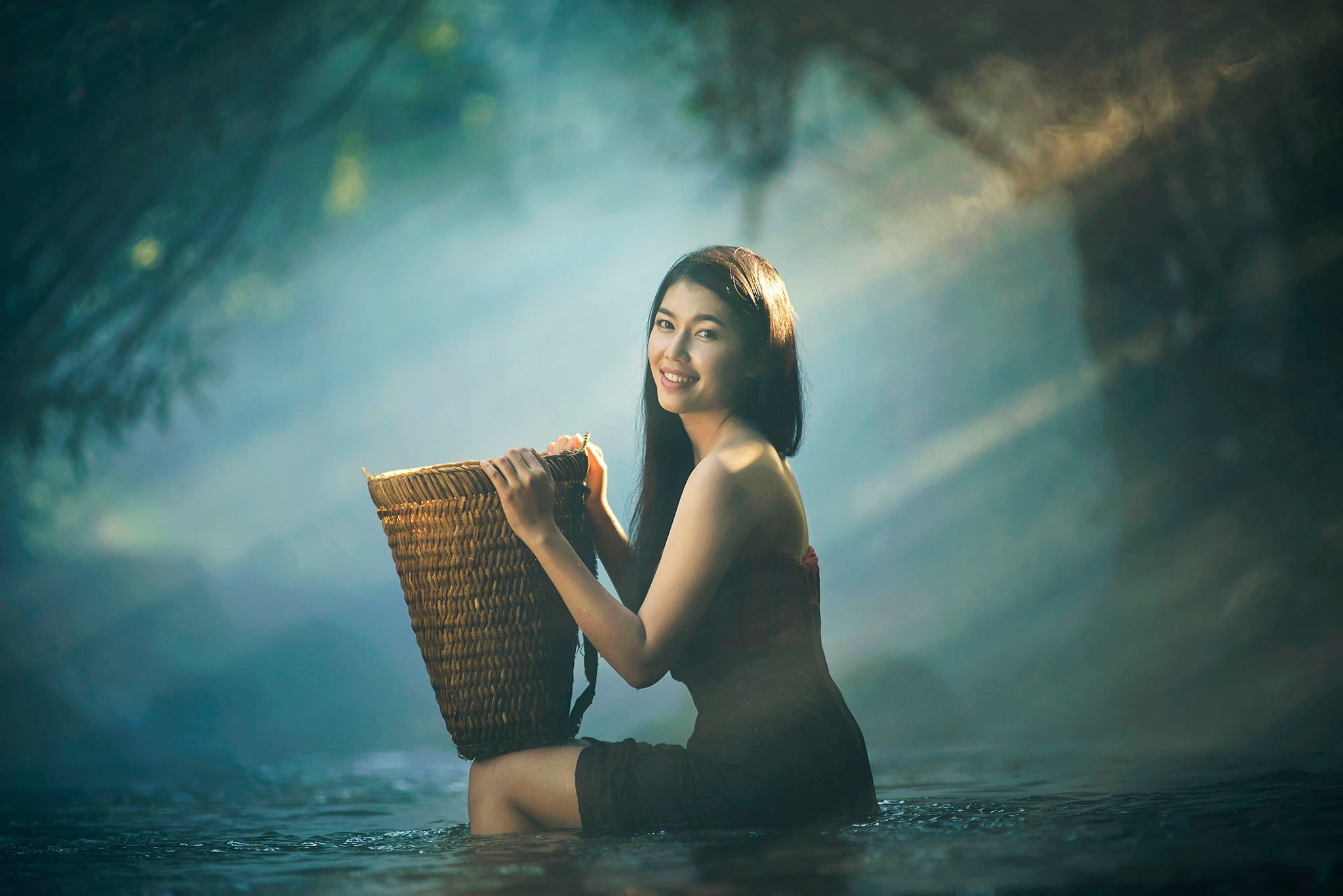 basket, in the water, 1080P, smile, girl, Asian girl take a bath, HD Wallpaper