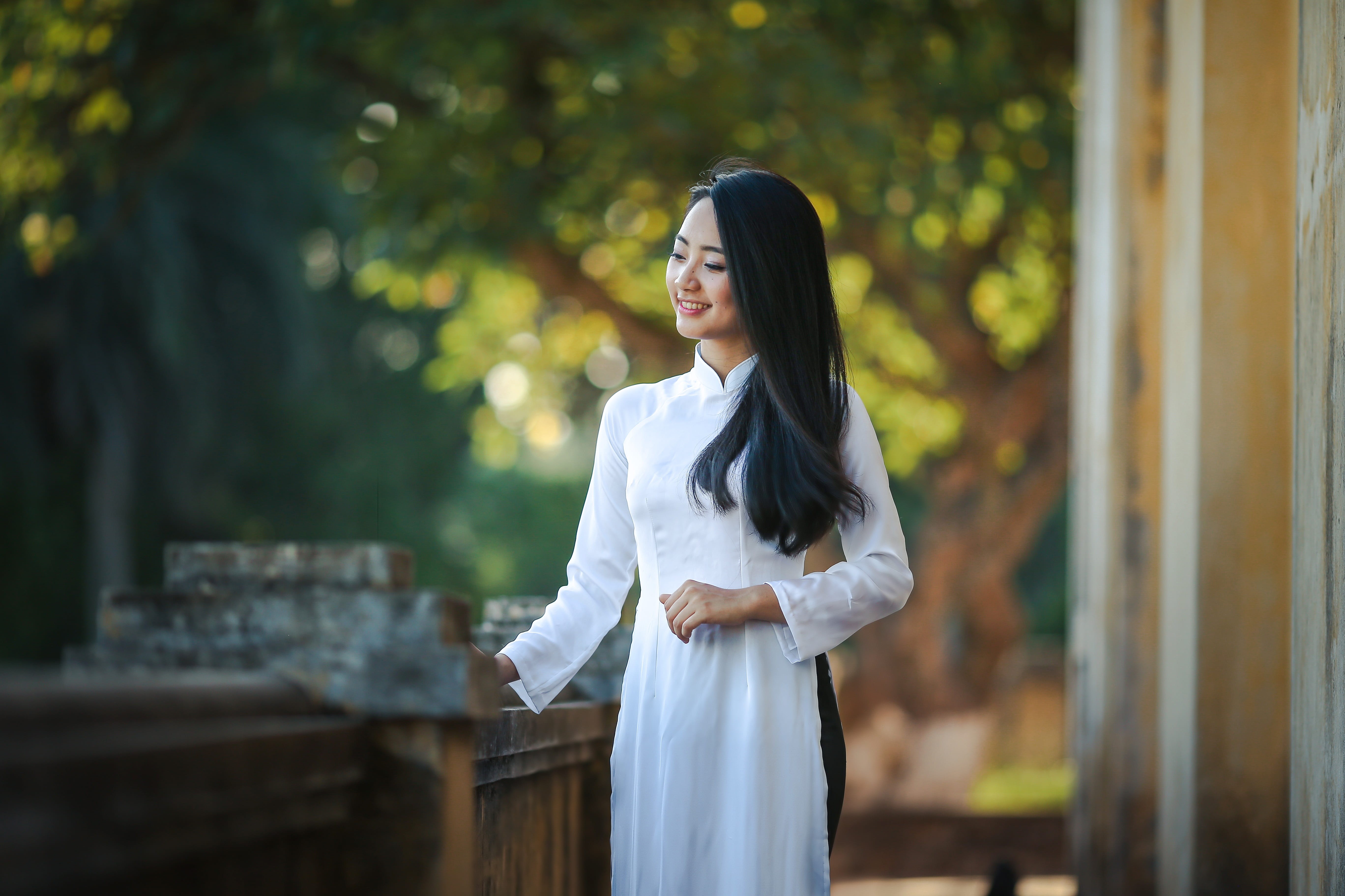 three quarter length, shirt, hairstyle, fashion, white, model, vietnam, facial expression, wooden, portrait, nature, traditional, long, daylight, tree, HD Wallpaper