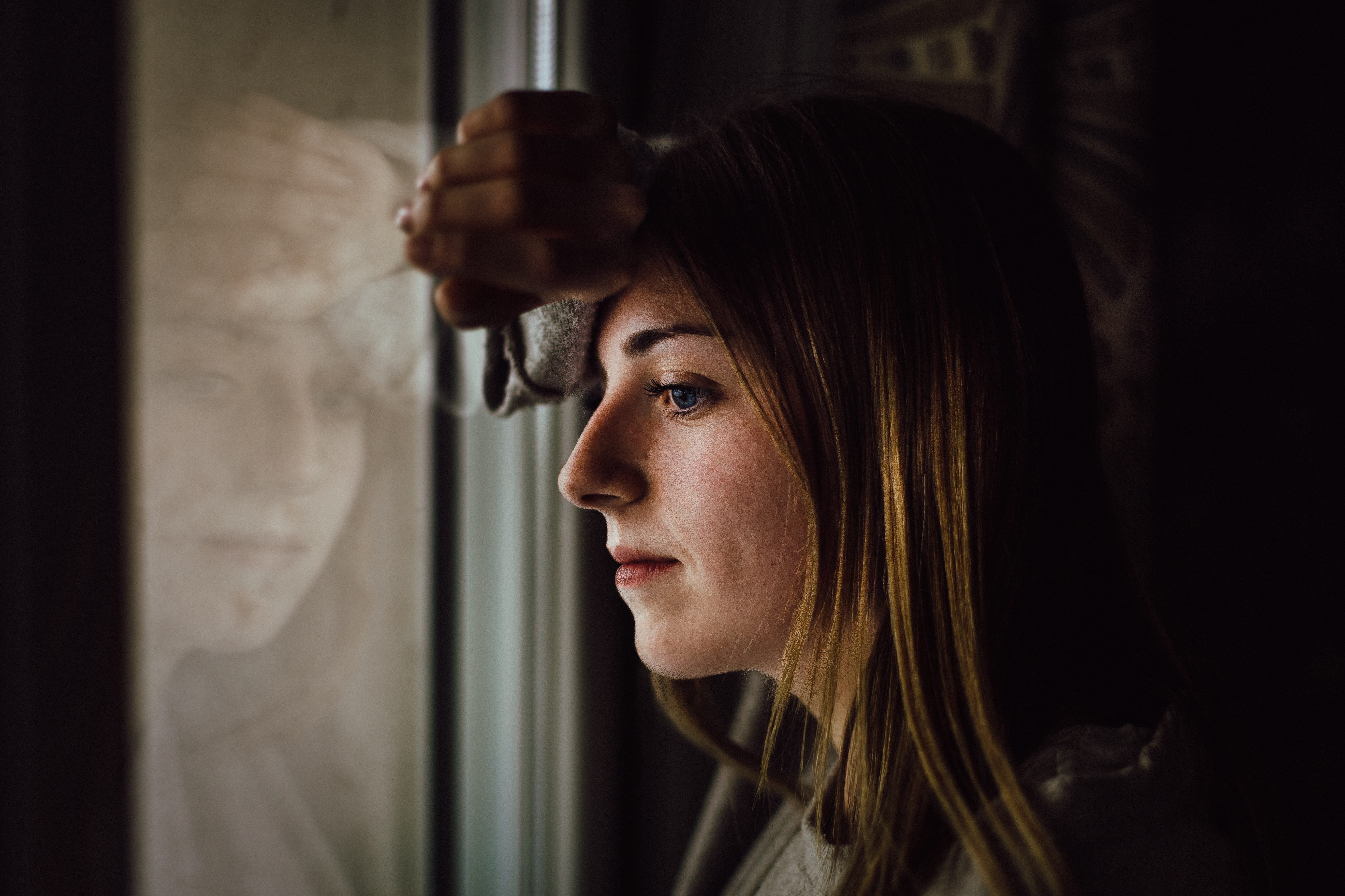 glass window, blonde hair, young adult, brown hair, depression - sadness, girl, beautiful, eye, hairstyle, pose, emotion, female, fear, lady, hair, 5K, HD Wallpaper