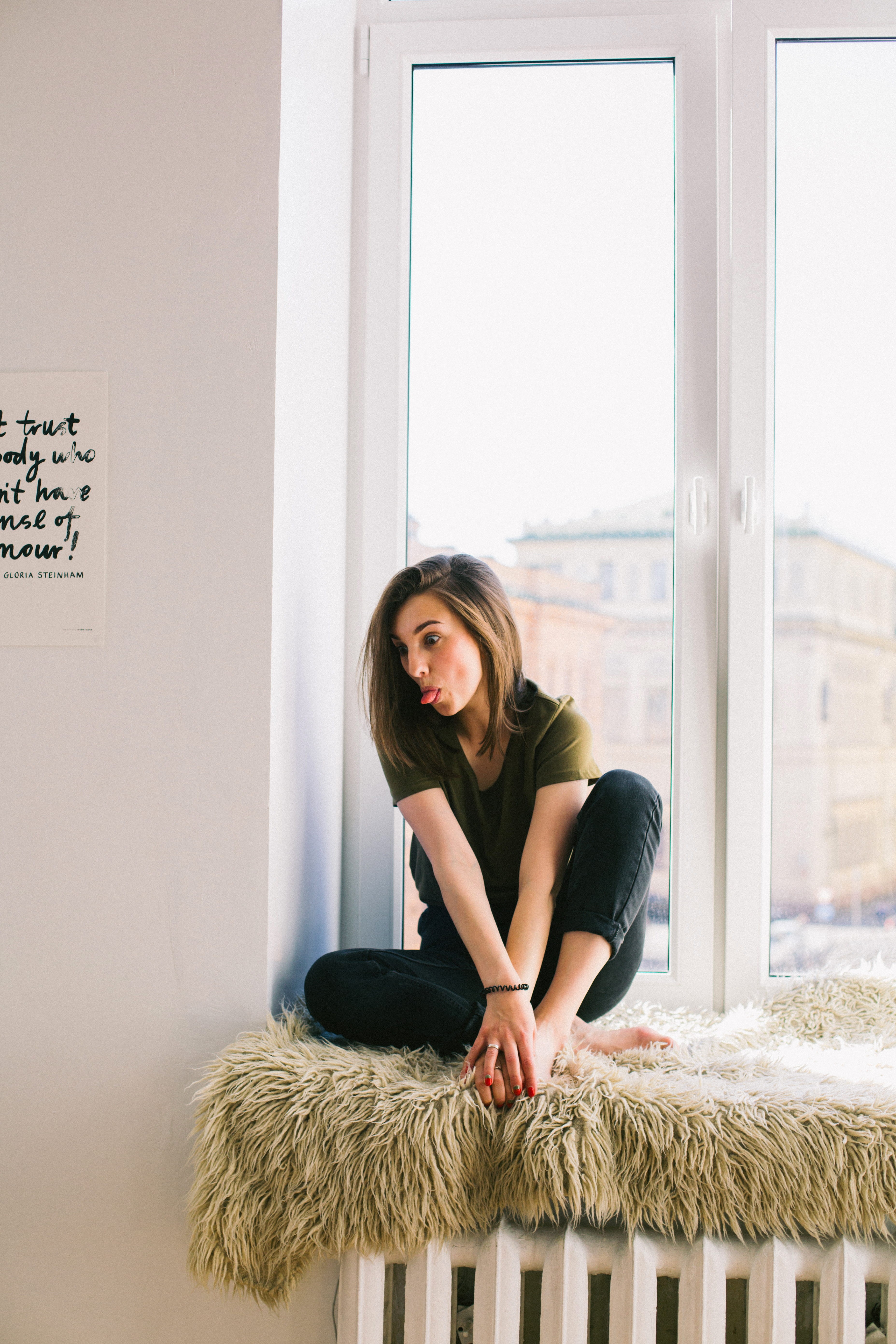 emotion, young women, fashion, looking at camera, sitting, happiness, casual clothing, adult, photoshoot, hairstyle, relax, beautiful, beauty, room, tongue, Phone HD Wallpaper