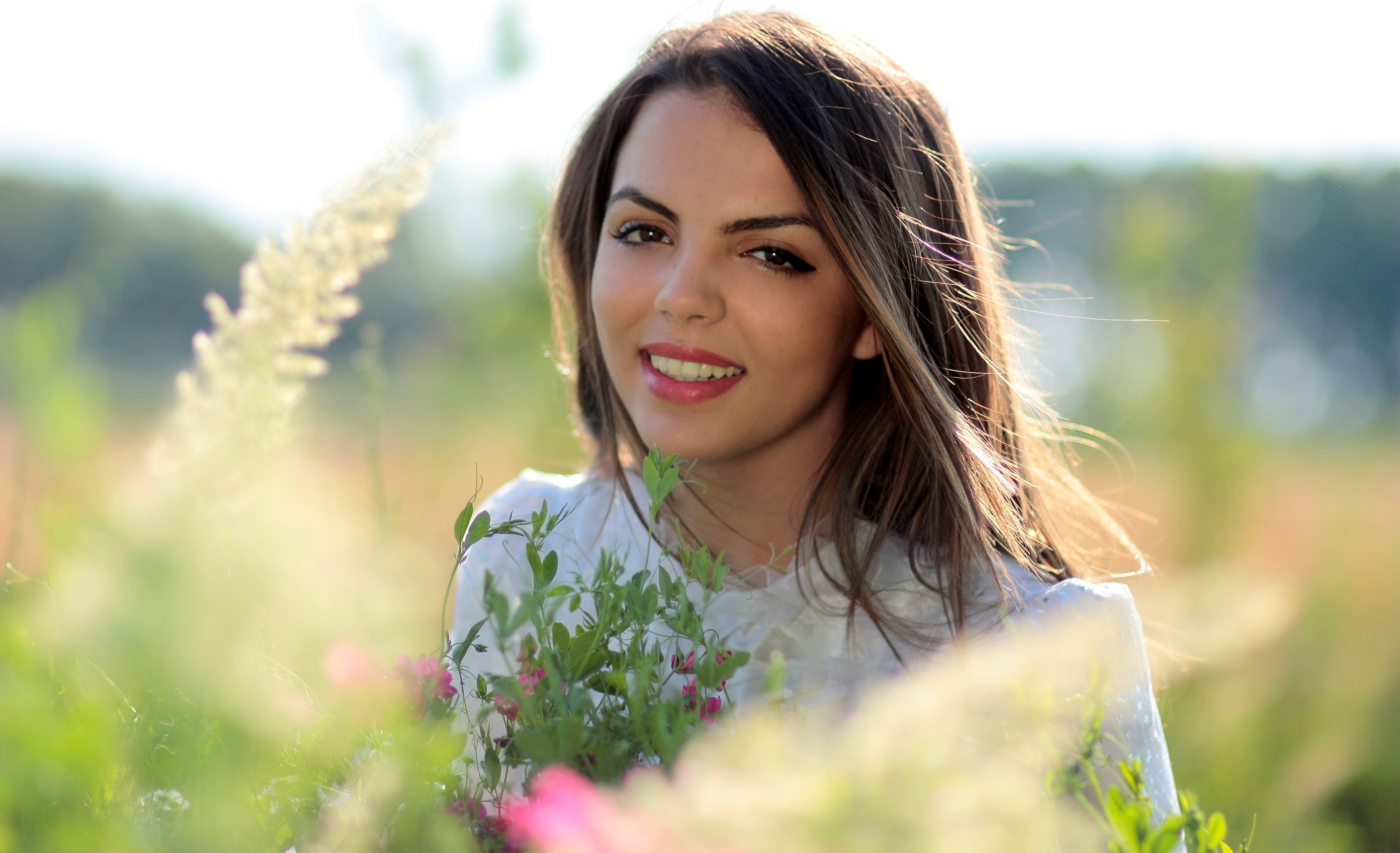beautiful woman, lifestyles, women, portrait, beautiful, selective, young Adult, summer, meadow, flowering plant, crew, white, shirt, young women, beauty, HD Wallpaper