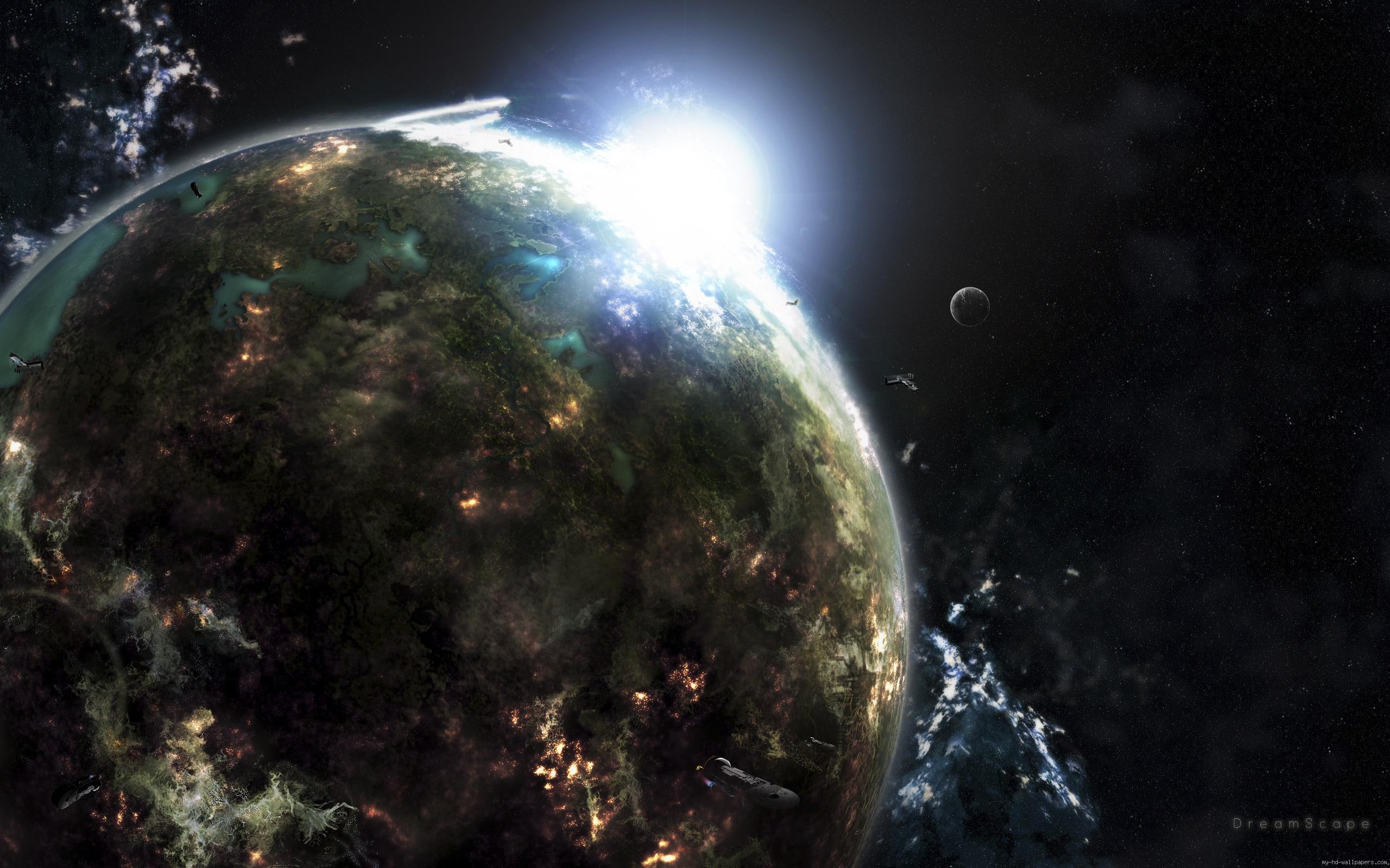 behind, illustration, earth, 2K, space, sun, HD Wallpaper