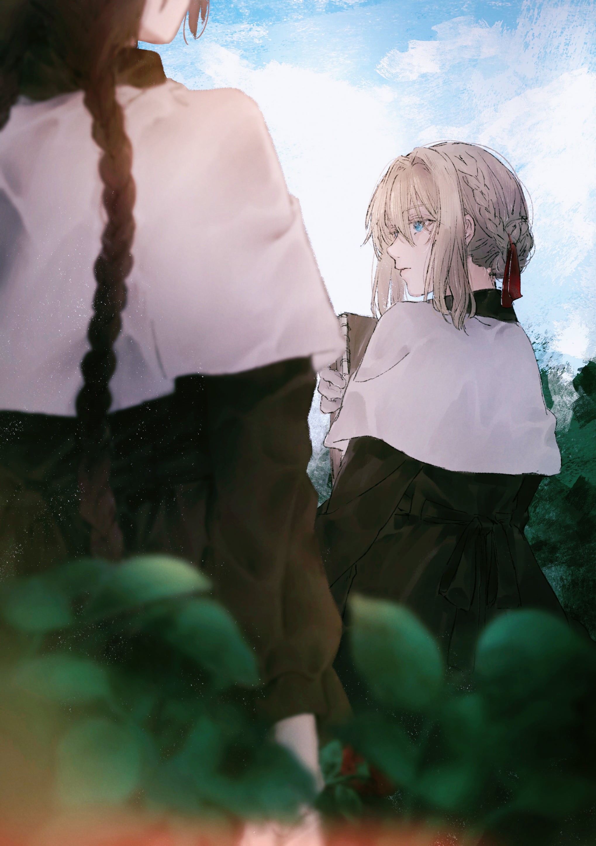 Pixiv, red ribbon, Amy Bartlett, fan art, long hair, two women, vertical, curvy, from behind, 2K, aqua eyes, blond hair, redhead, 2D, anime girls, Violet Evergarden, Phone HD Wallpaper