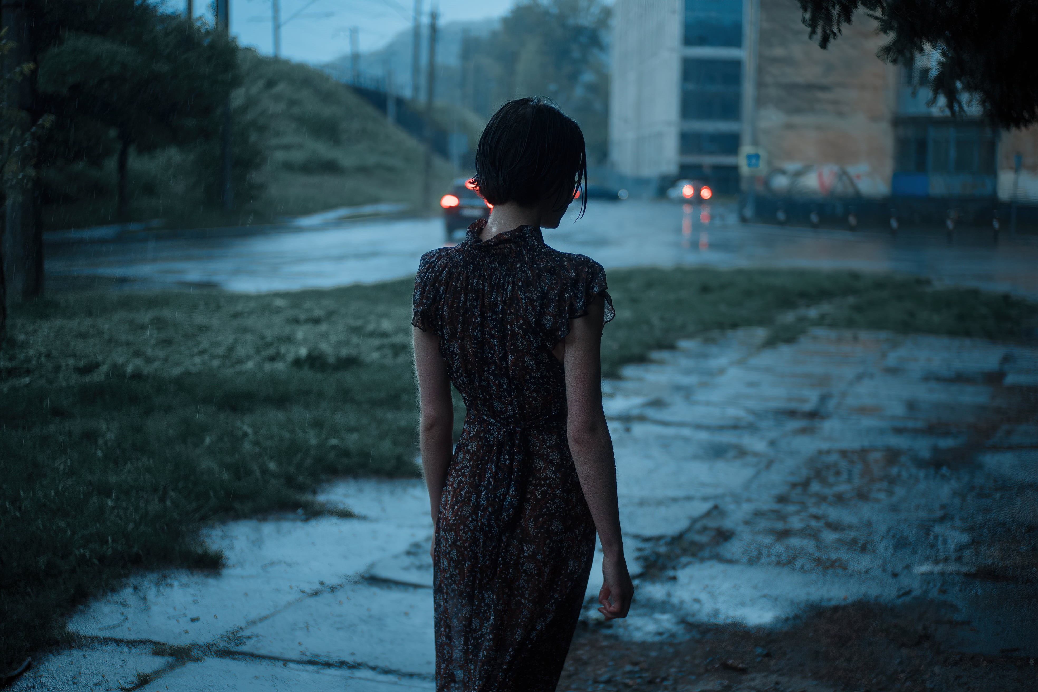 4K, photography, women outdoors, model, car, outdoors, dark hair, from behind, night, wet, lights, rain, HD Wallpaper
