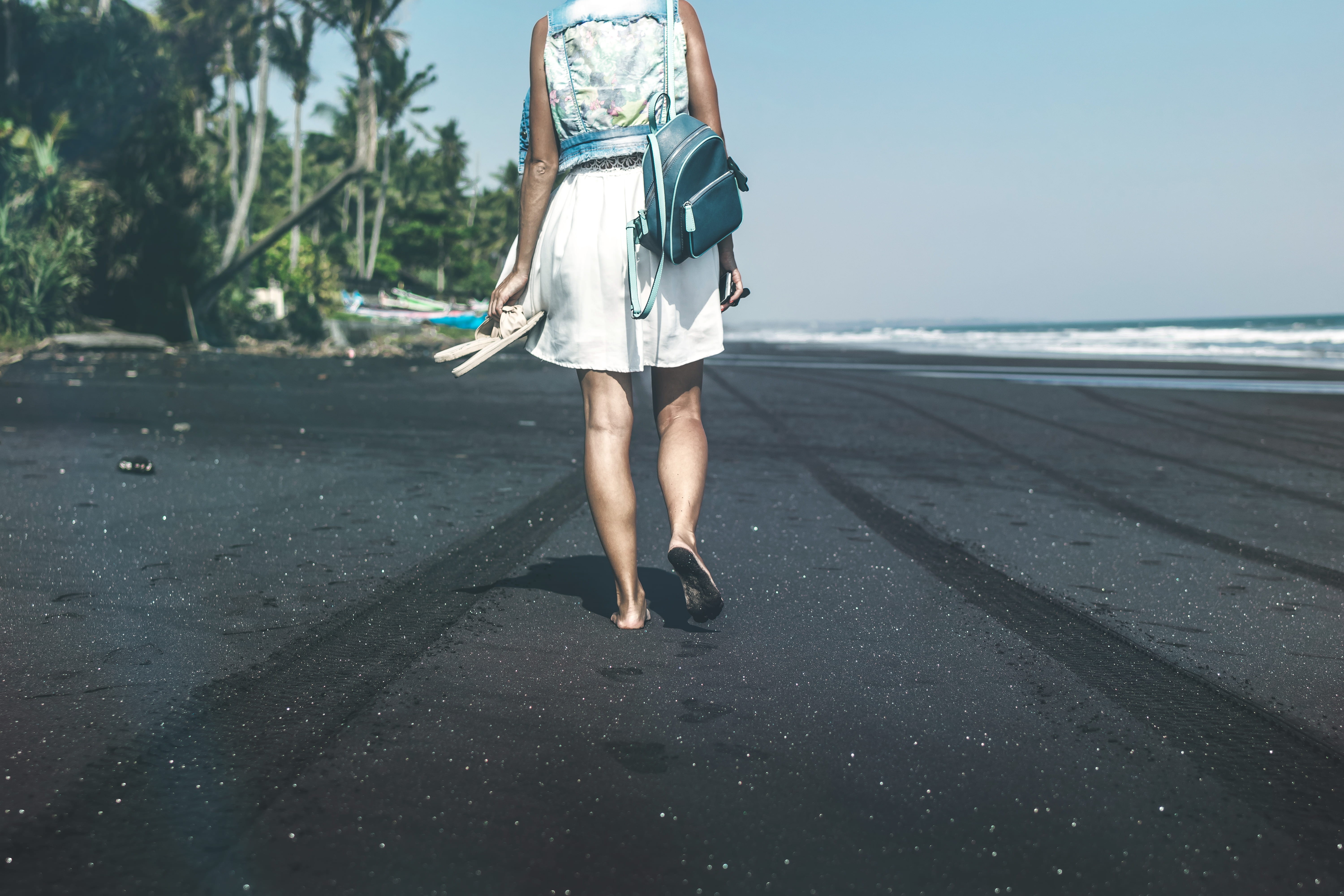black, bali, vacation, transportation, rear view, one person, island, daytime, seashore, anonymous, 5K, black sand, coast, full length, leisure activity, HD Wallpaper