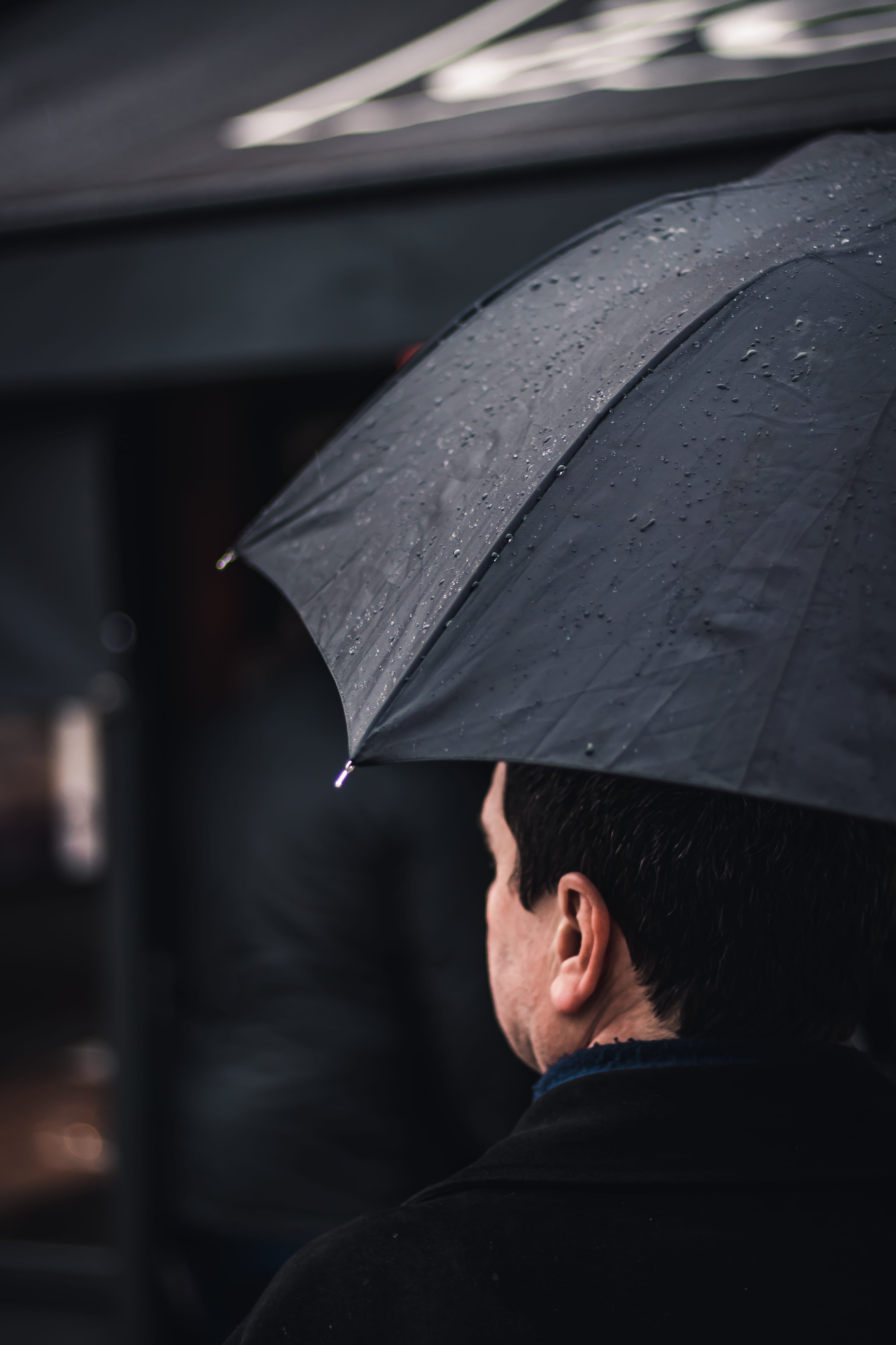 wet, ear, 5K, headshot, one person, safety, man, umbrella, rain, outdoors, protection, rainy season, real people, walking, awning, wearing, males, men, Phone HD Wallpaper