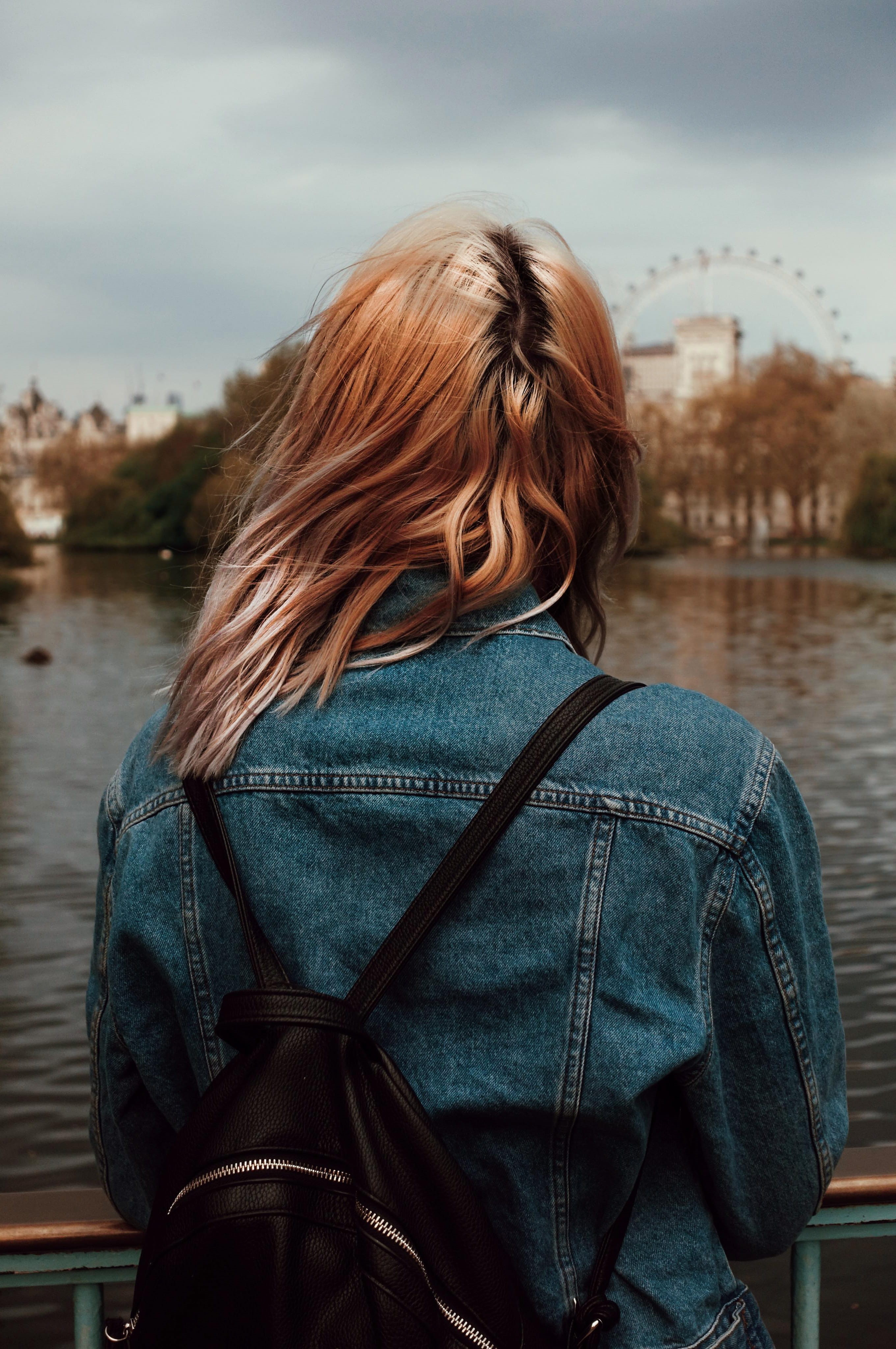 one person, standing, 4K, focus on foreground, female, casual clothing, docking, adult, real people, from behind, lady, backpack, red hair, straight, architecture, Phone HD Wallpaper