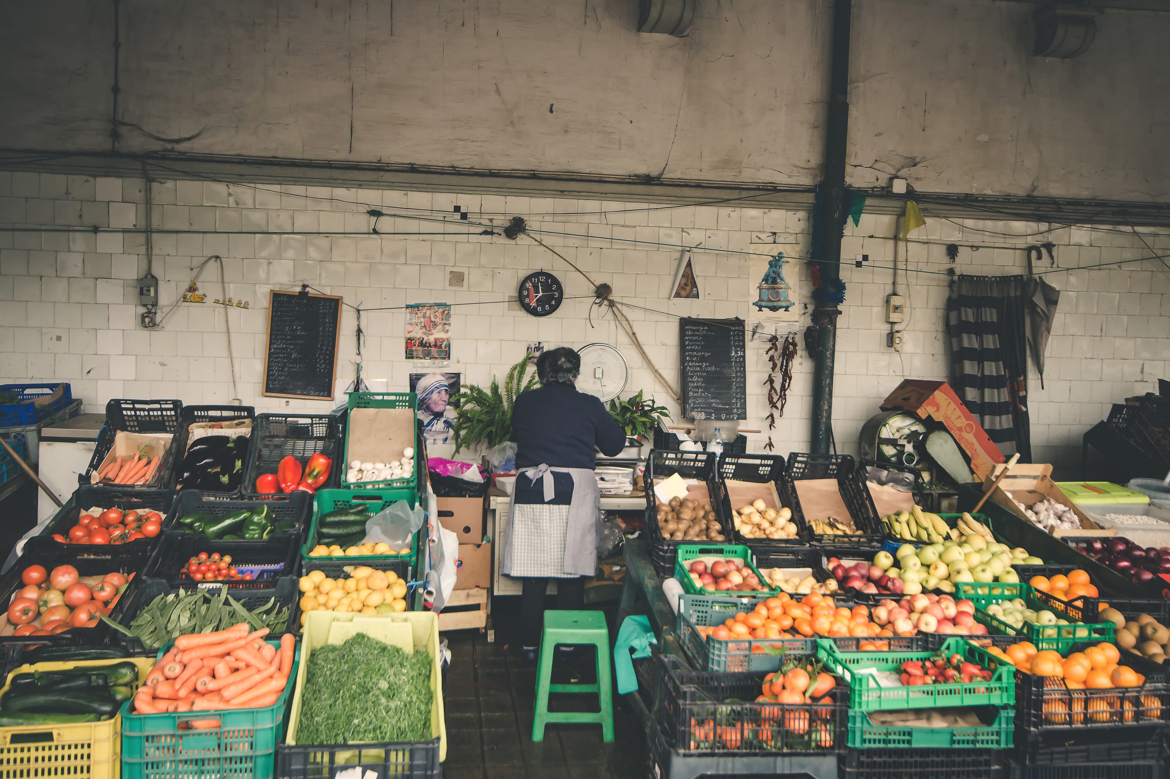 fruitstand, potato, tomato, apple, carrot, retail display, anonymous, for sale, street, market stall, woman, courgette, large group of objects, retail, HD Wallpaper