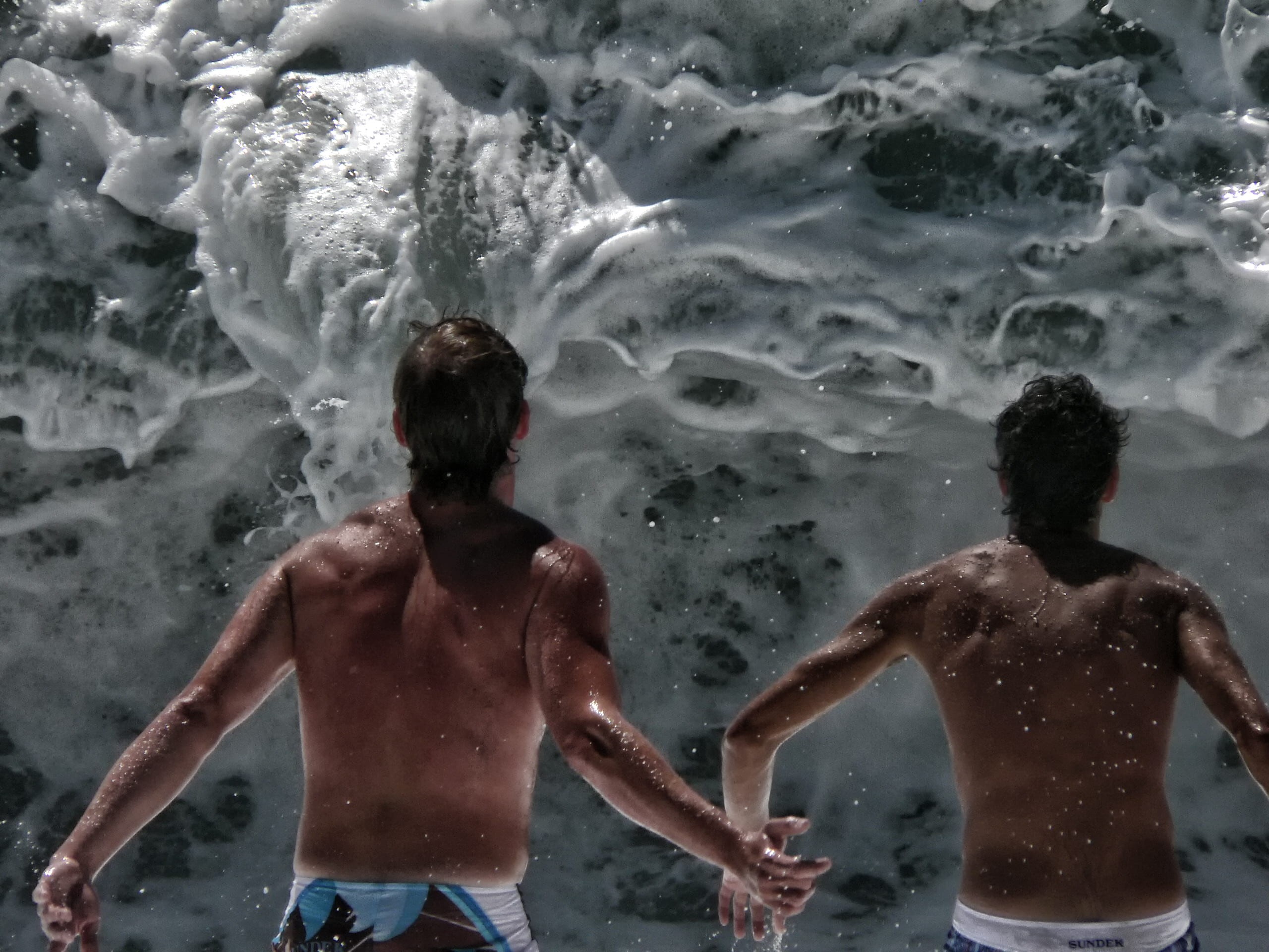 two, boys, men, three quarter length, sea, leisure activity, ocean, wave, rear view, person, action, nature, front, real people, shirtless, people, motion, HD Wallpaper