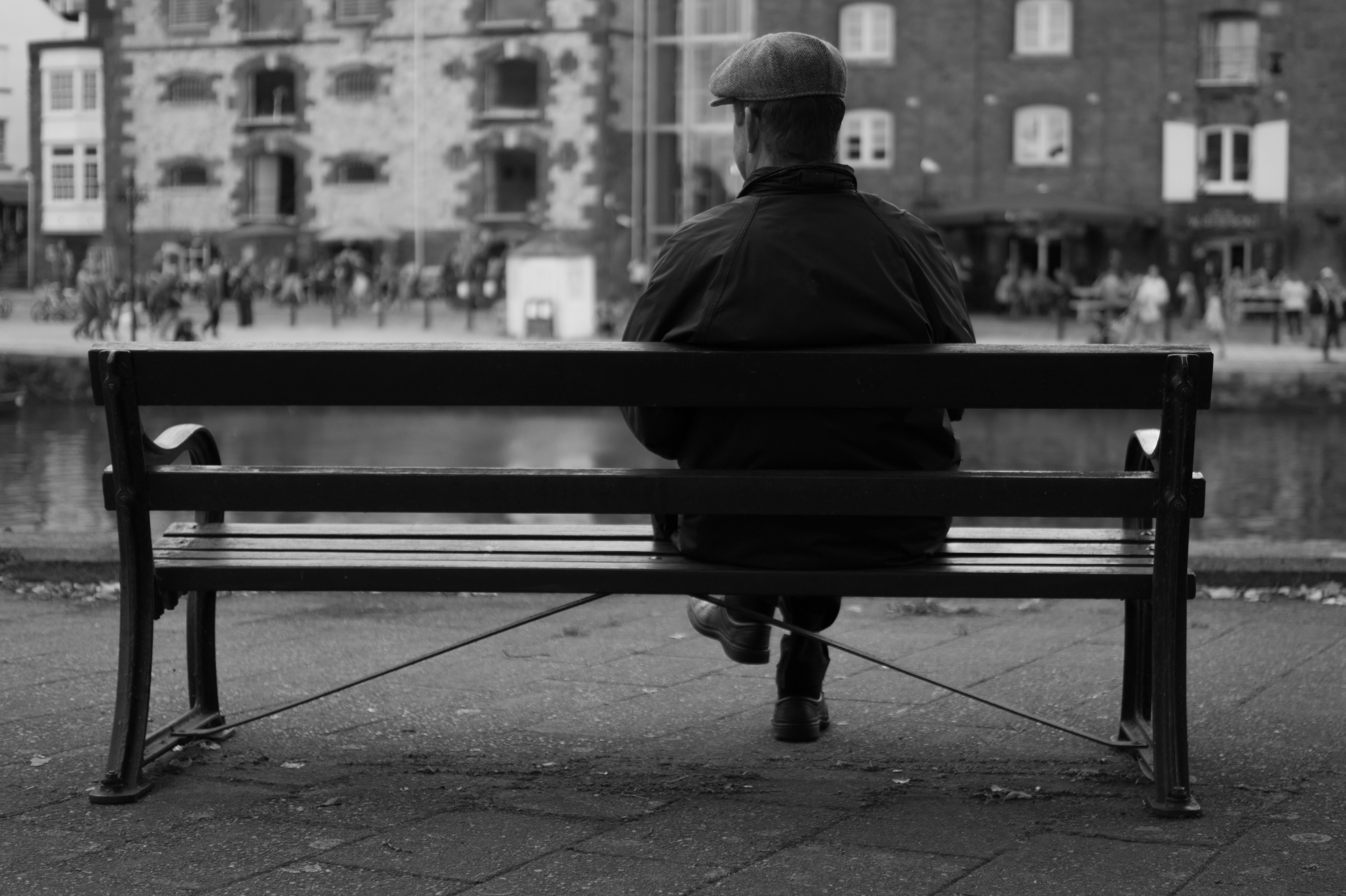 nature, lifestyles, urban, day, 4K, bench, people, men, relaxation, rear view, seat, city, view, built structure, warm clothing, full length, park bench, HD Wallpaper