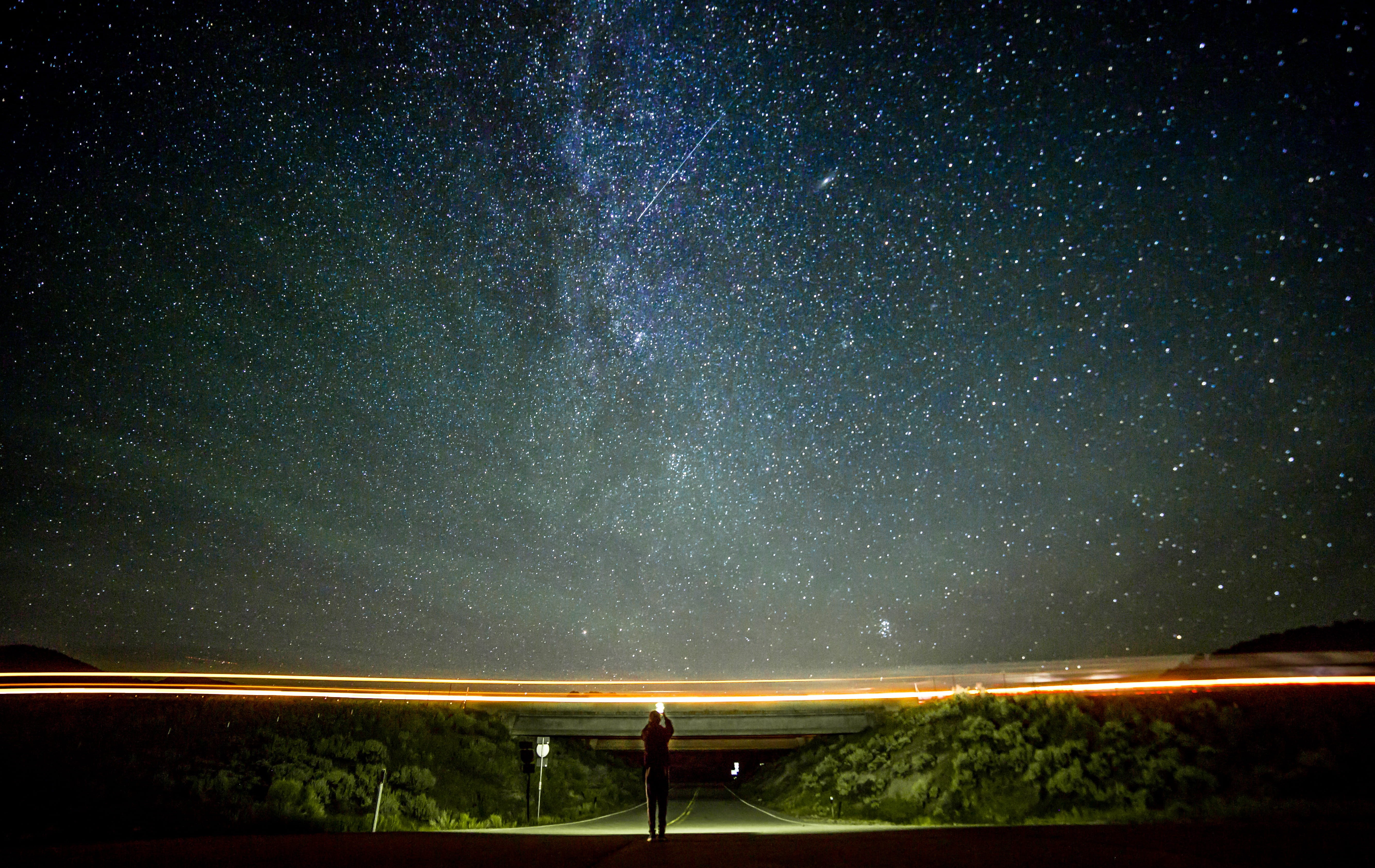 outer space, stars, milky way, infinity, street, road, night sky, light, one person, illuminated, outdoors, tranquil scene, concrete, roadtrip, milkyway, HD Wallpaper