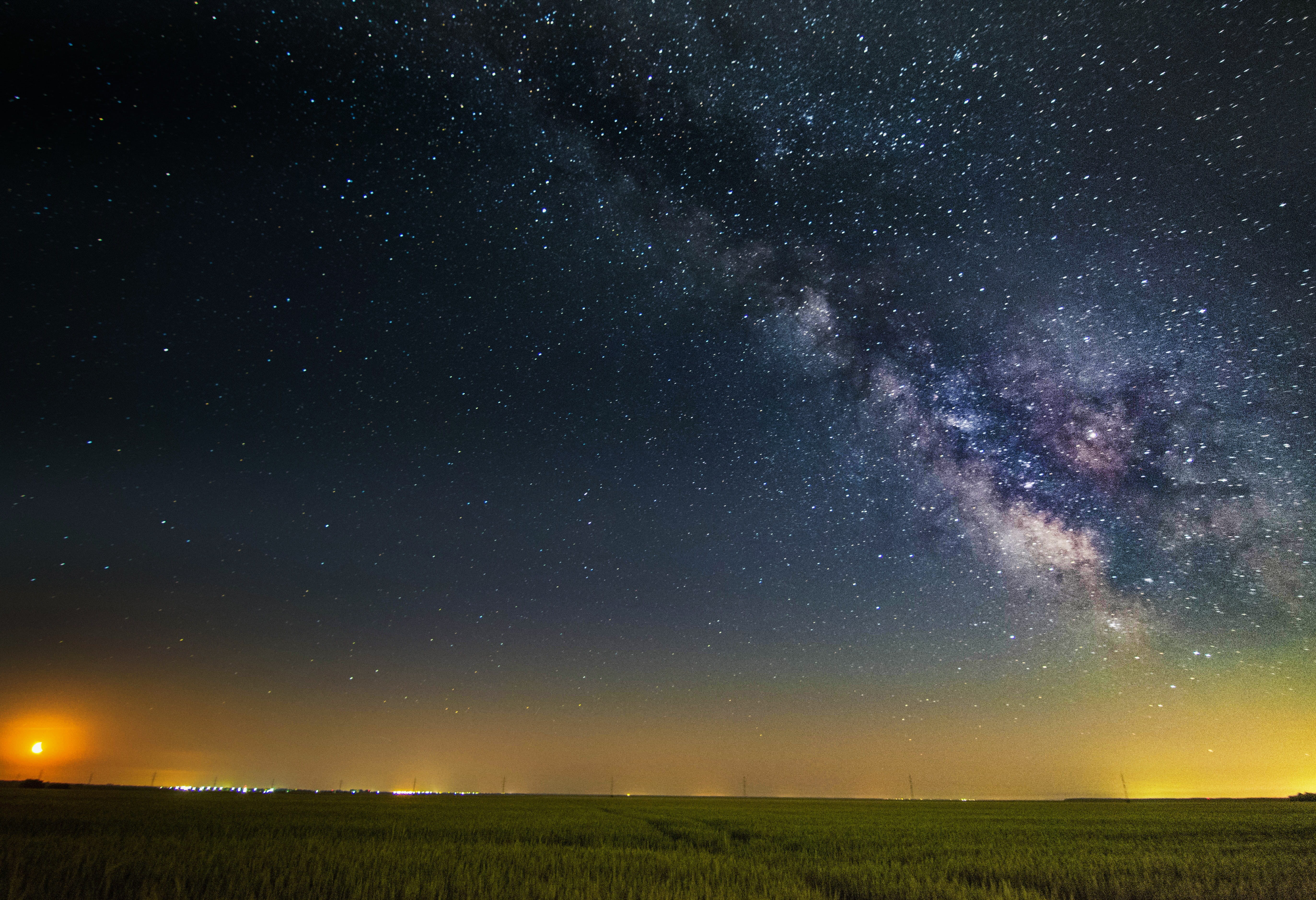 land, space, green, Stars, tranquility, galaxy, Night, blue, bright, light, star, landscape, Astronomy, milky way, outdoors, grass, Sky, idyllic, field, HD Wallpaper