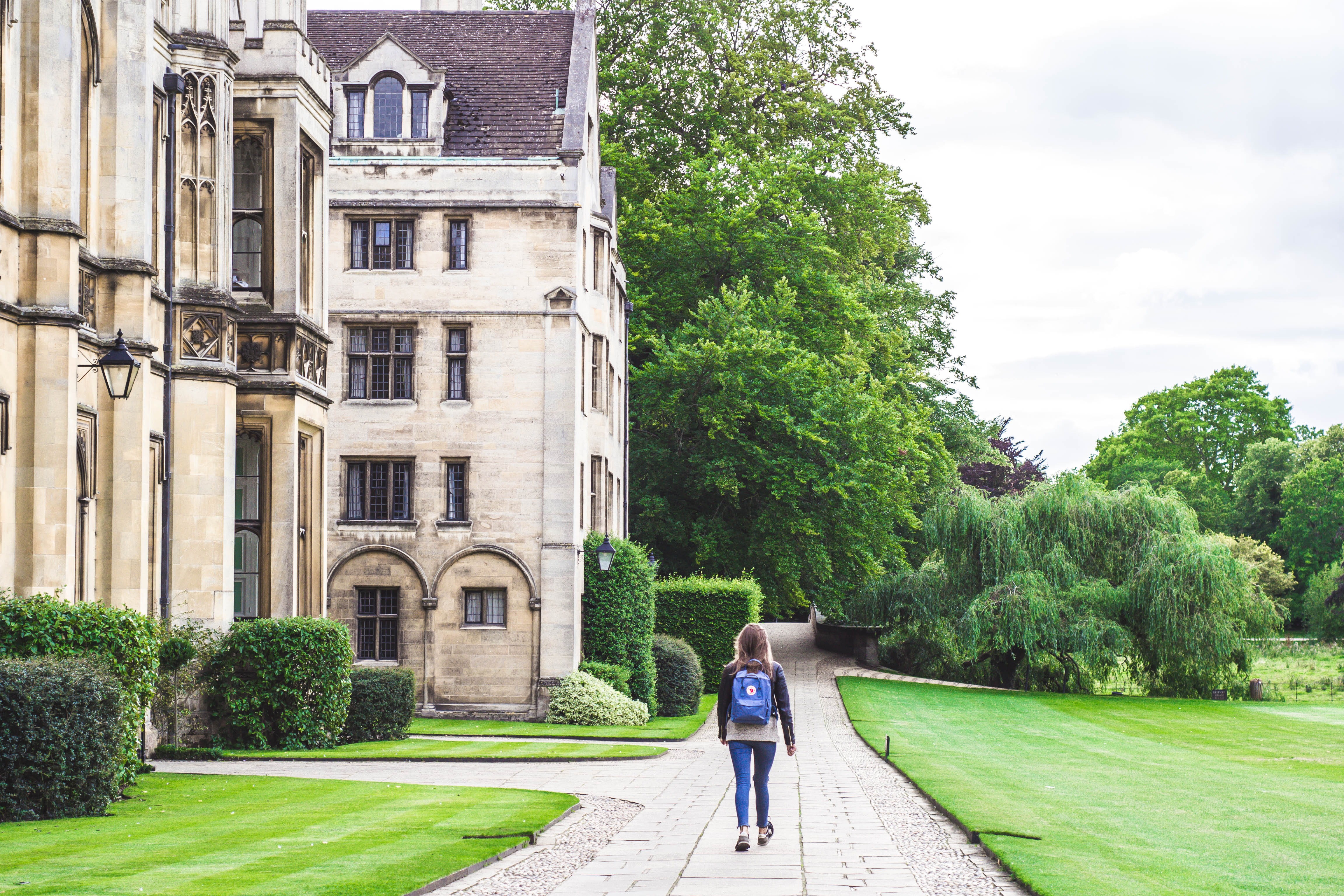 built structure, trees, high, 4K, girl, full length, lifestyles, england, white, rear view, university, plant, architecture, daytime, house, travel, nature, HD Wallpaper