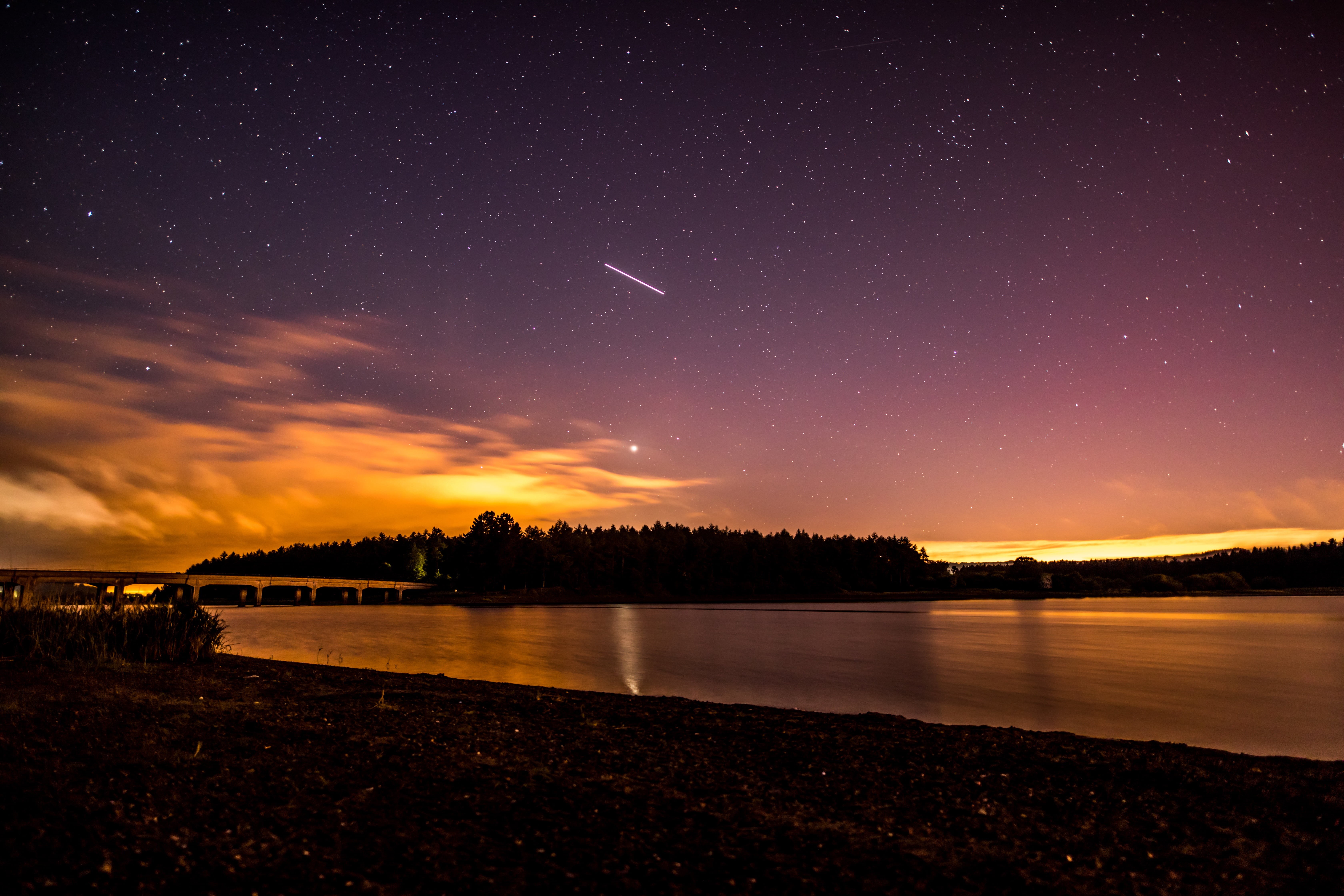 shore, galaxy, sky, trees, coast, body, star - Space, space and astronomy, reflection, scenics - nature, lights, stars, ocean, gray, waves, beach, nature, HD Wallpaper