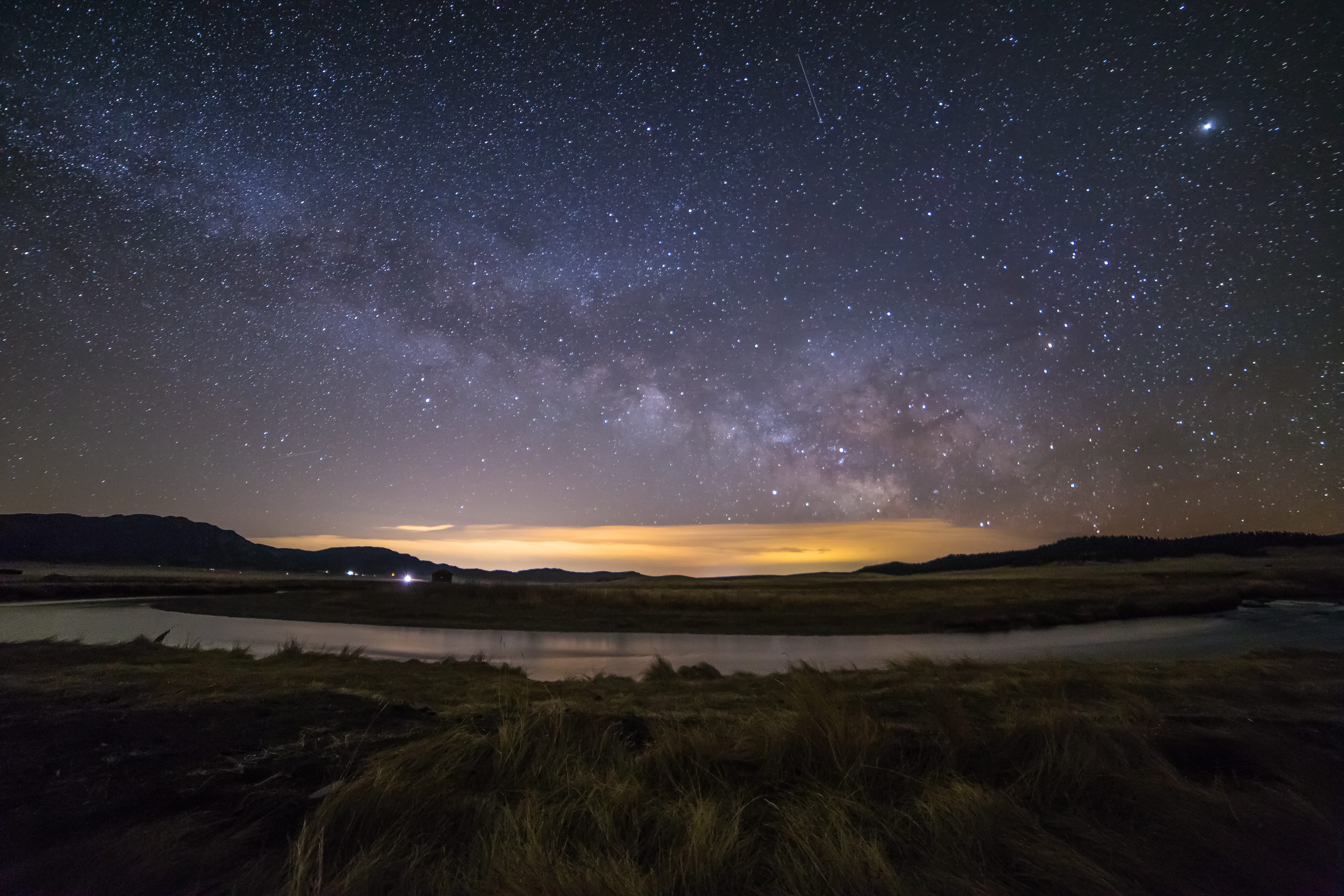 tranquil scene, landscape, green, adventure, space, beauty in nature, astro, star field, nature, orange, lake, galaxy, colorado, sky, milky way, night, HD Wallpaper