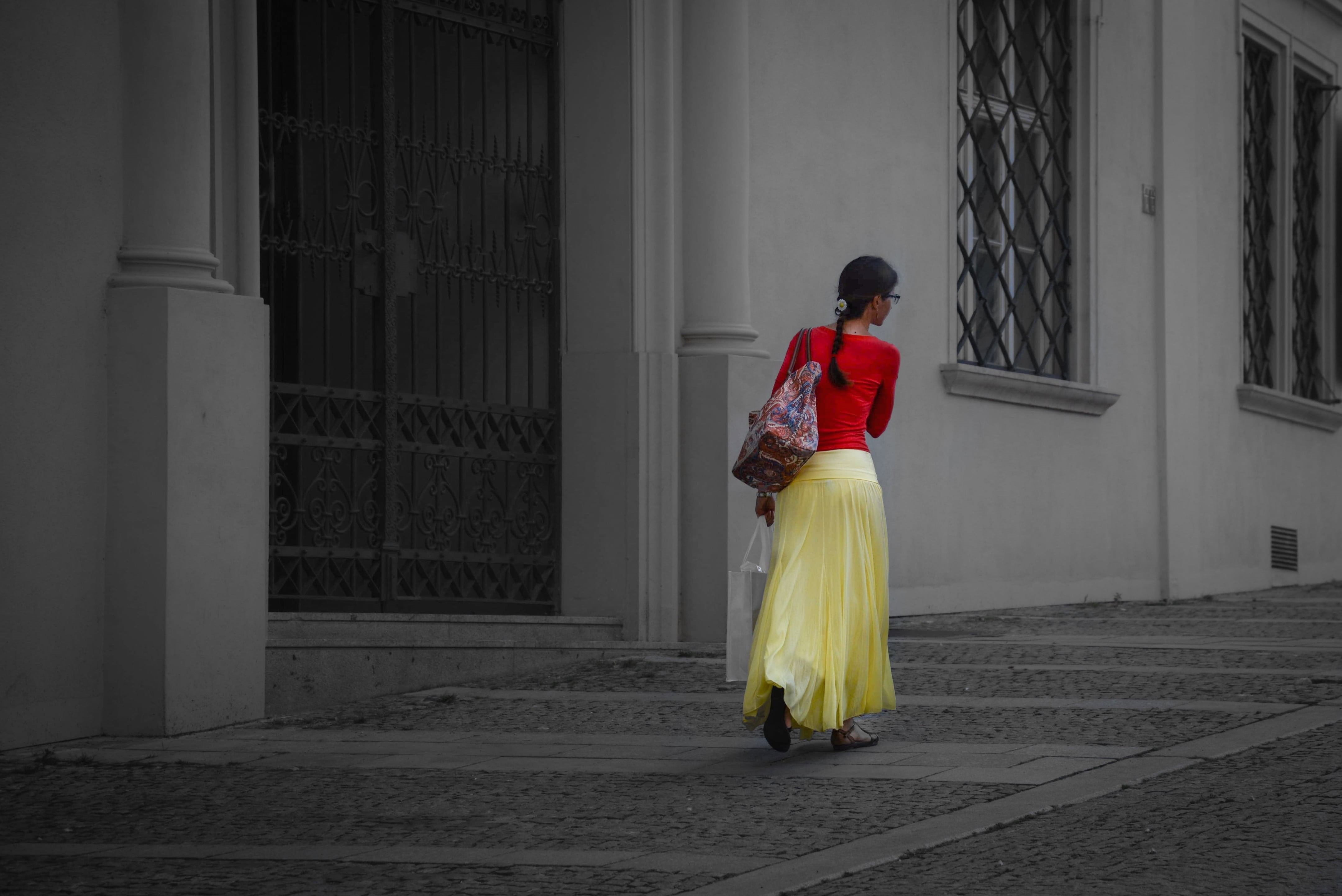 young adult, bag, building exterior, city, cultures, sleeved, skirt, dress, long, elegance, day, street, selective, girl, human, clothing, beautiful hair, HD Wallpaper
