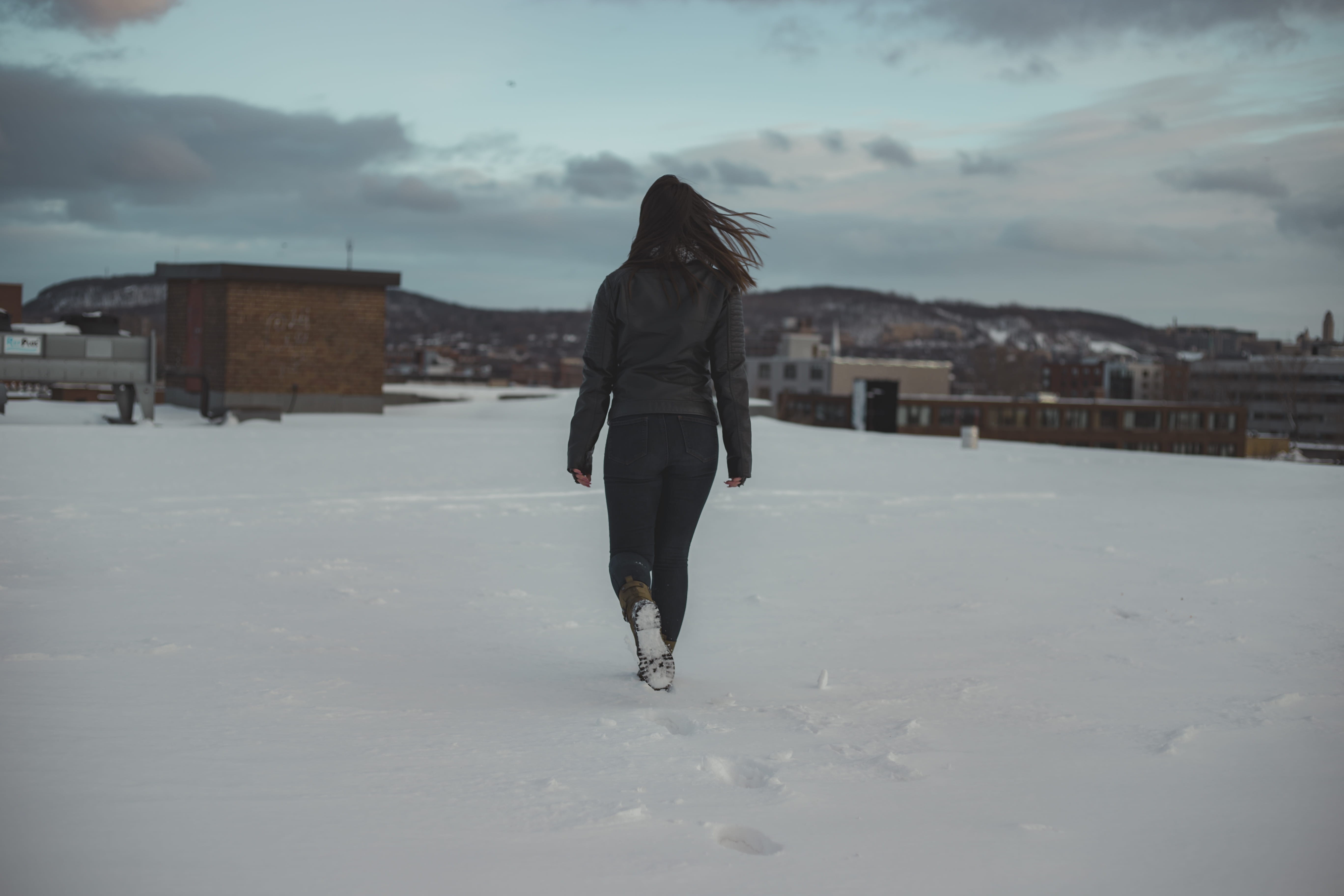 city, tracks, rear view, boots, outdoor, clothing, urban, cloud - sky, full length, covered, brick, architecture, 5K, leisure activity, sky, cold temperature, HD Wallpaper