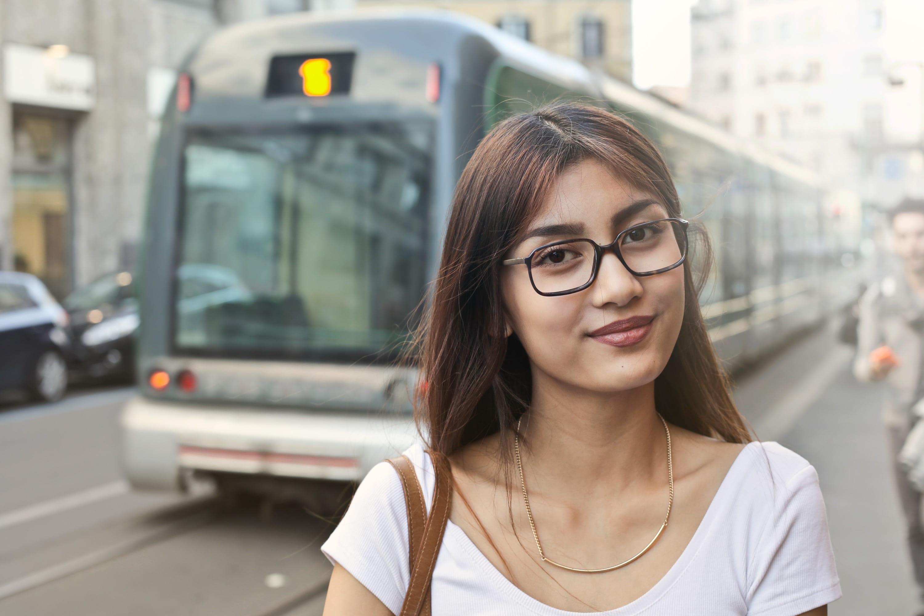 hair, people, city, eyeglasses, train, daytime, woman, running, street, teen, transportation, beautiful woman, shirt, 2K, city street, day, young women, HD Wallpaper