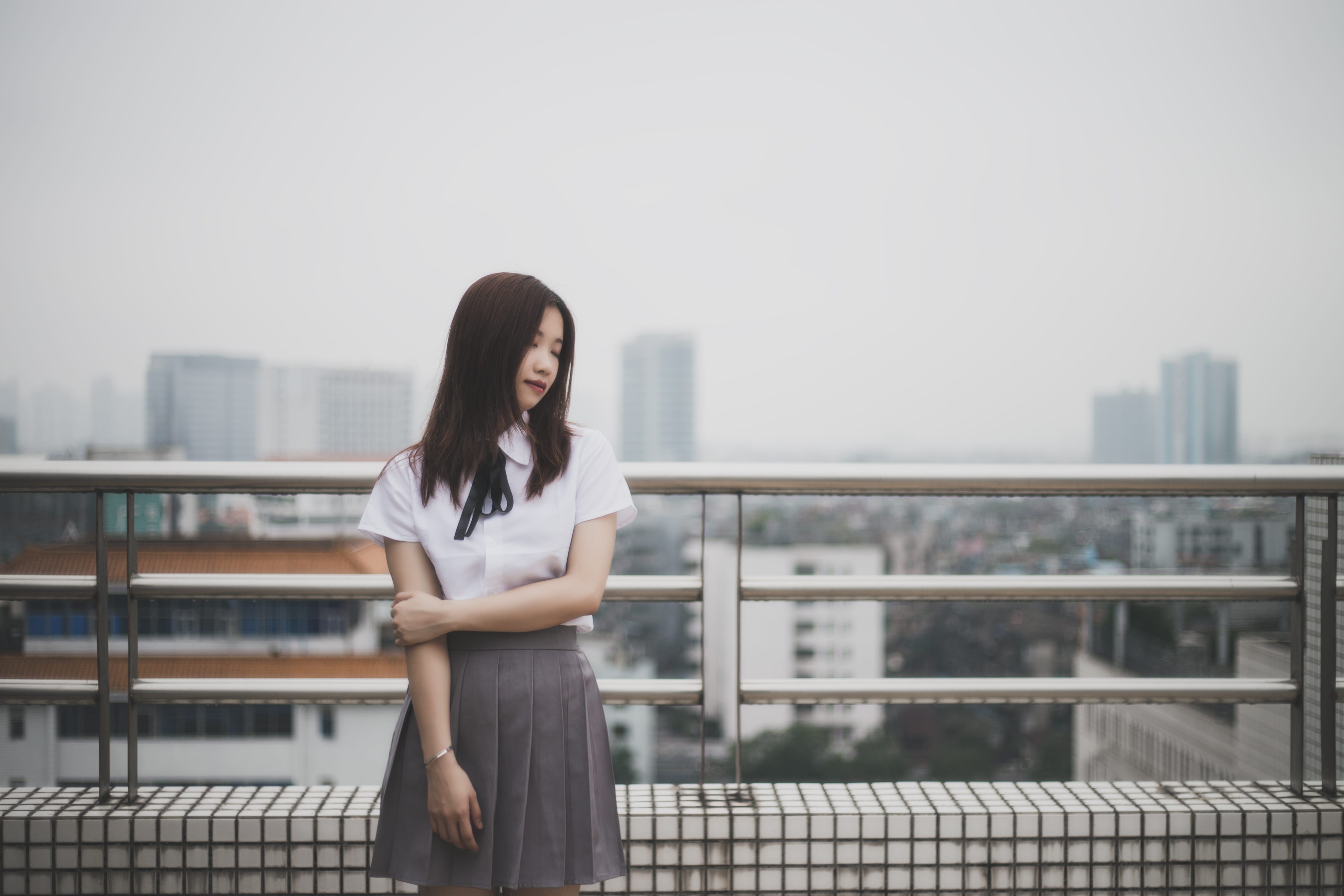 5K, three quarter length, young Women, building exterior, people, blouse, focus on foreground, sky, standing, day, beautiful woman, railing, contemplation, HD Wallpaper