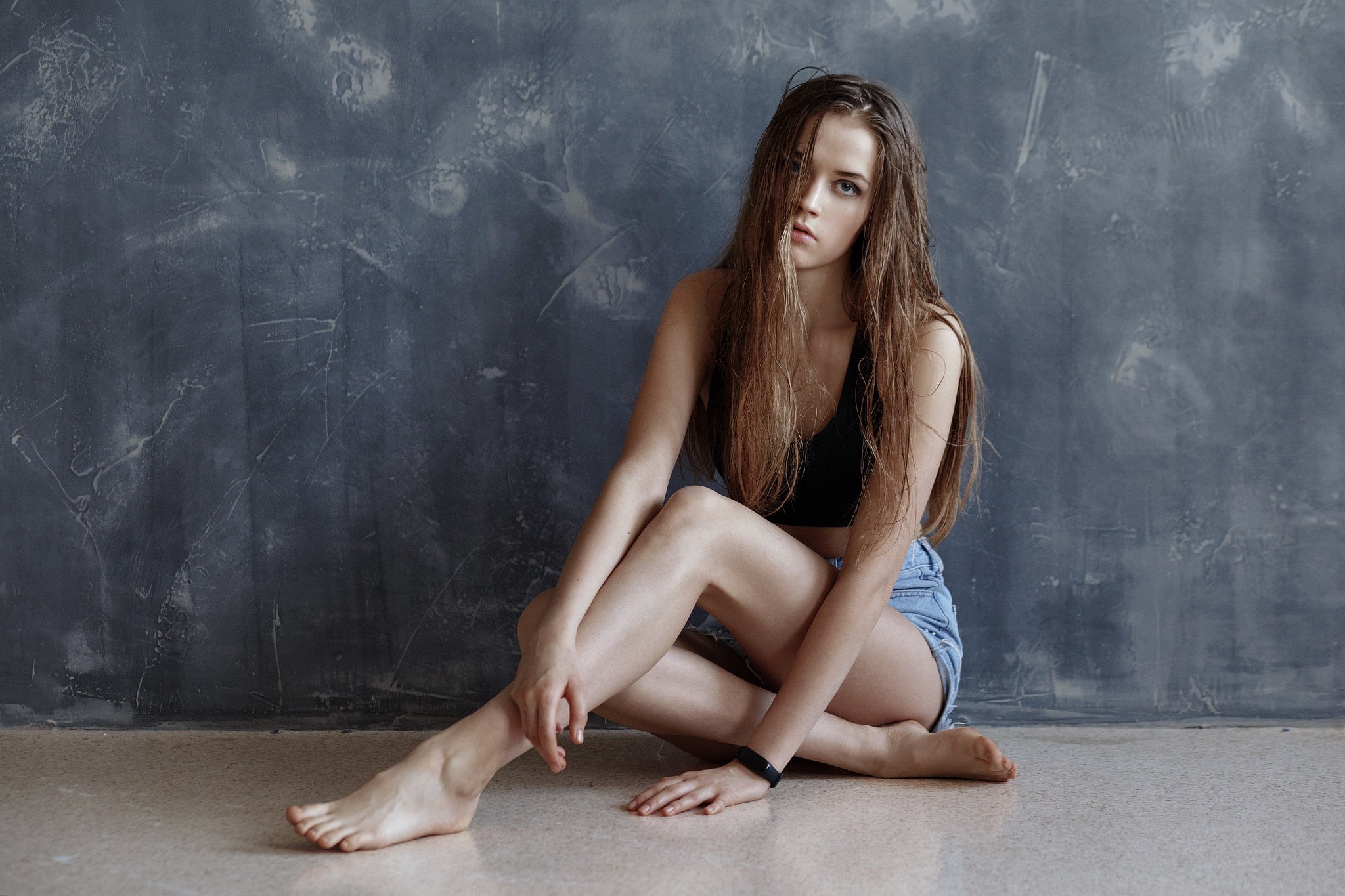black clothing, tank top, brunette, on floor, jeans, denim, wet hair, women, shorts, long hair, Evgeny Bulatov, hair over one eye, watch, barefoot, 1080P, HD Wallpaper