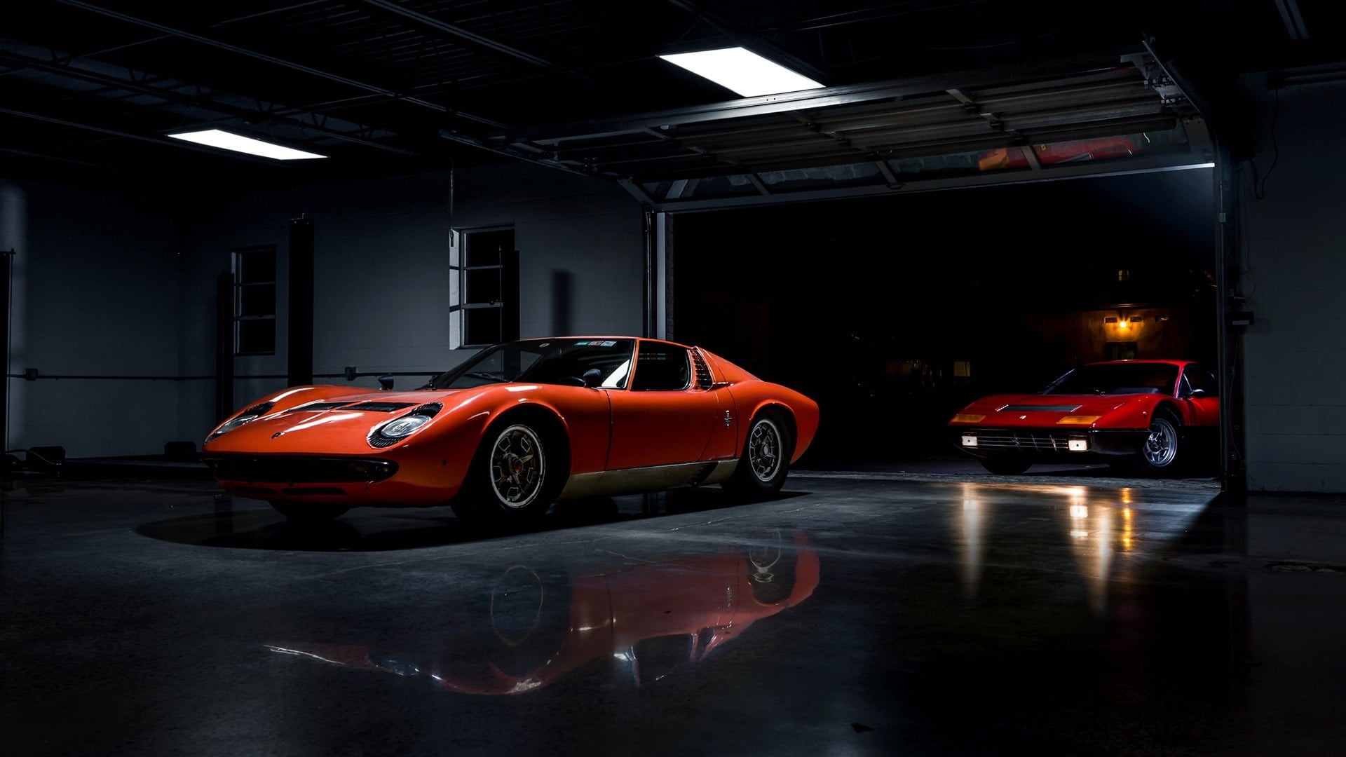 lamborghini miura, illuminated, garage, supercar, mode of transportation, 1080P, reflection, transportation, no people, lighting equipment, built structure, HD Wallpaper