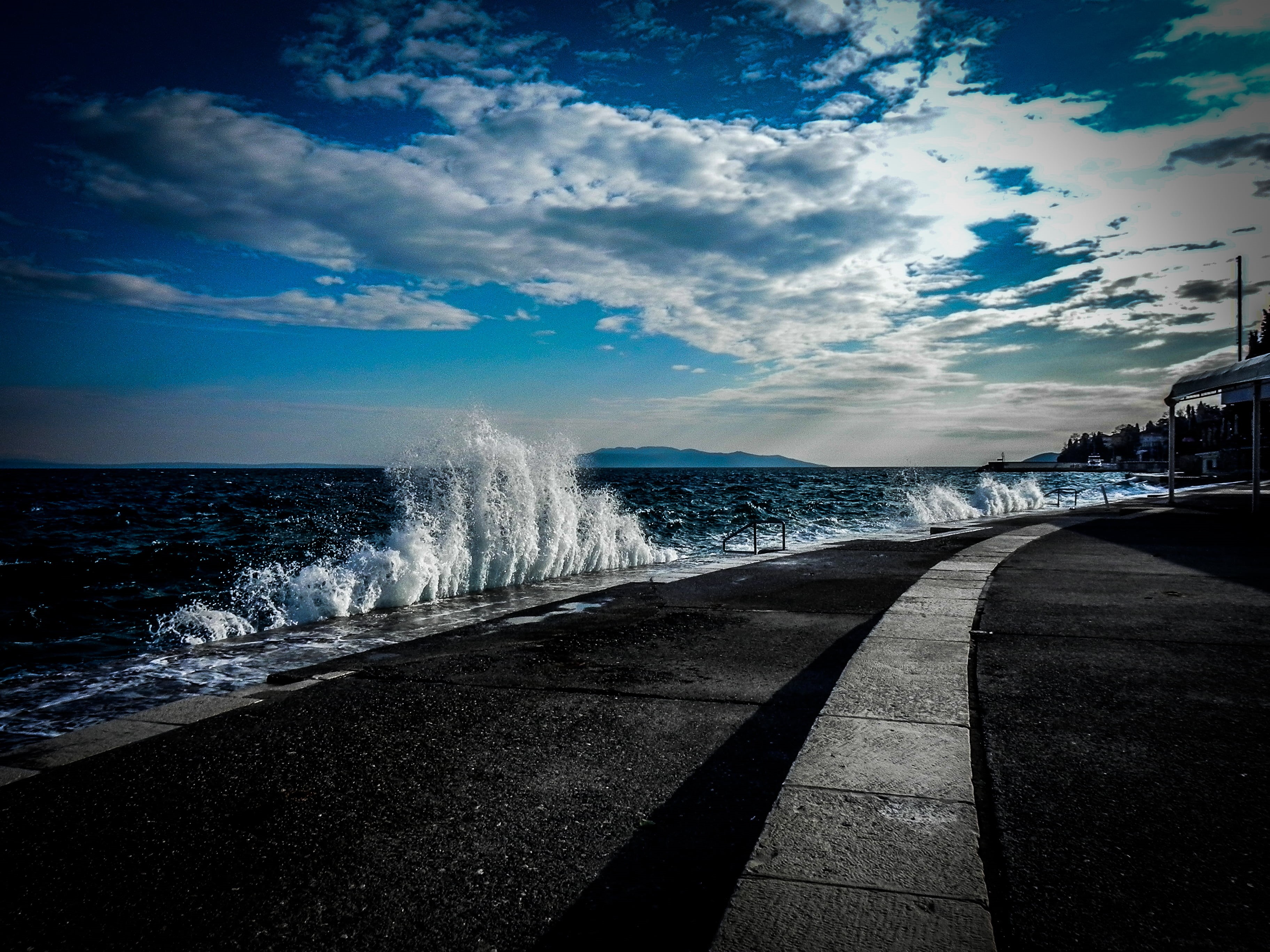 sea, sky, gray, near, nature, beach, ocean, outdoors, Waves, road, water, ocean water, 2K, blue, Opatija, Croatia, coastline, concrete, concrete road, HD Wallpaper